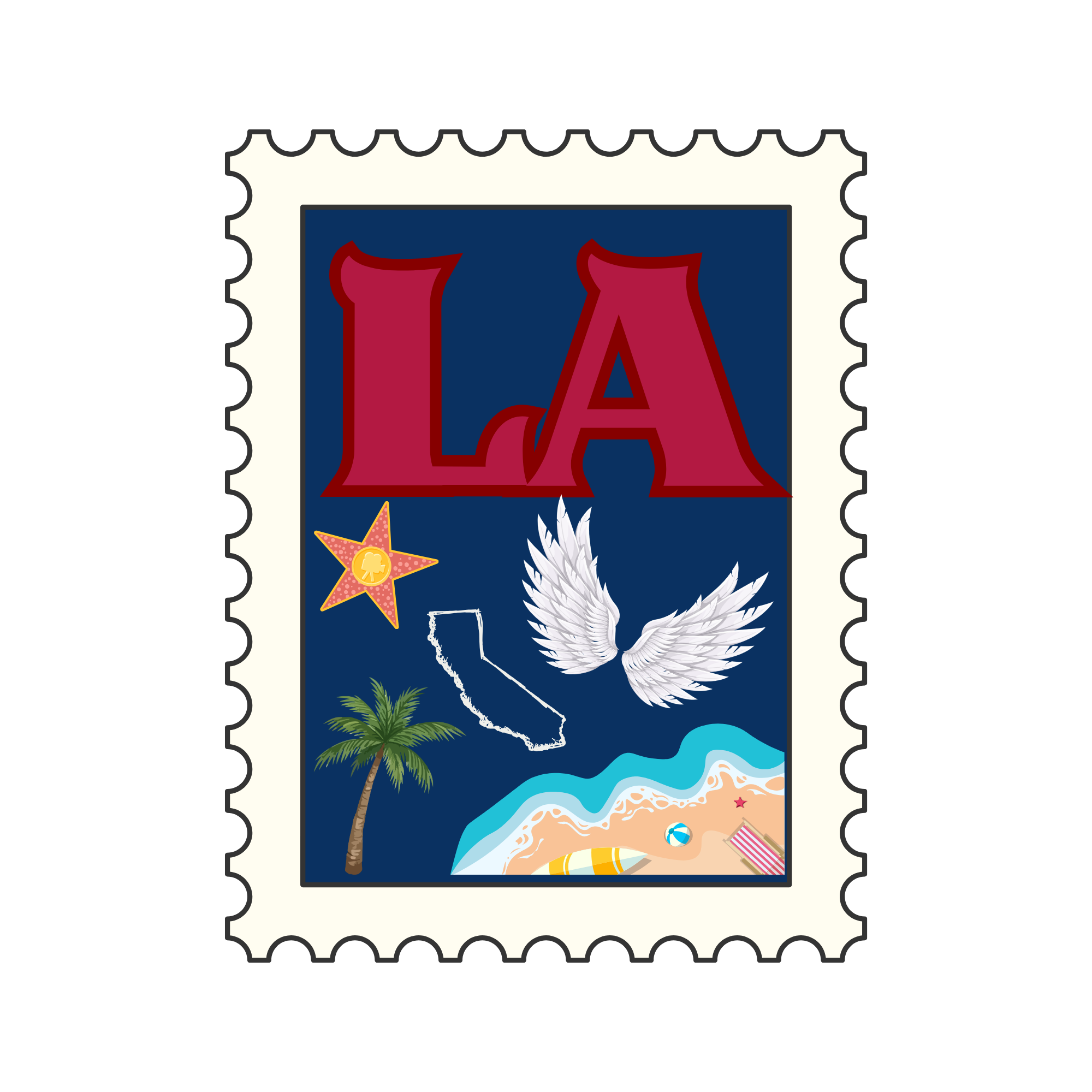 Illustration of a postage stamp with a summer beach theme including a palm tree, seashells, starfish, a beach ball, and a towel on the sandy shore to represent the city of LA.