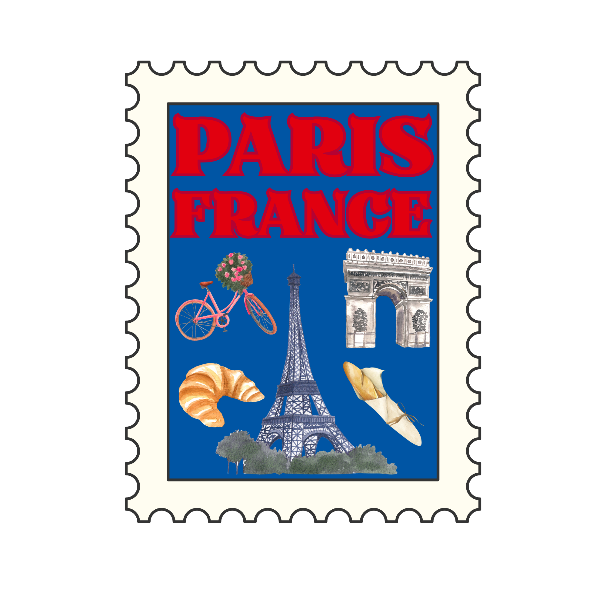 A colorful vintage-style postage stamp featuring iconic landmarks and symbols of Paris, France, including the Eiffel Tower, the Arc de Triomphe, a pink bicycle, a croissant, and a bouquet of pink flowers, with the text "Paris France" in bold red lett