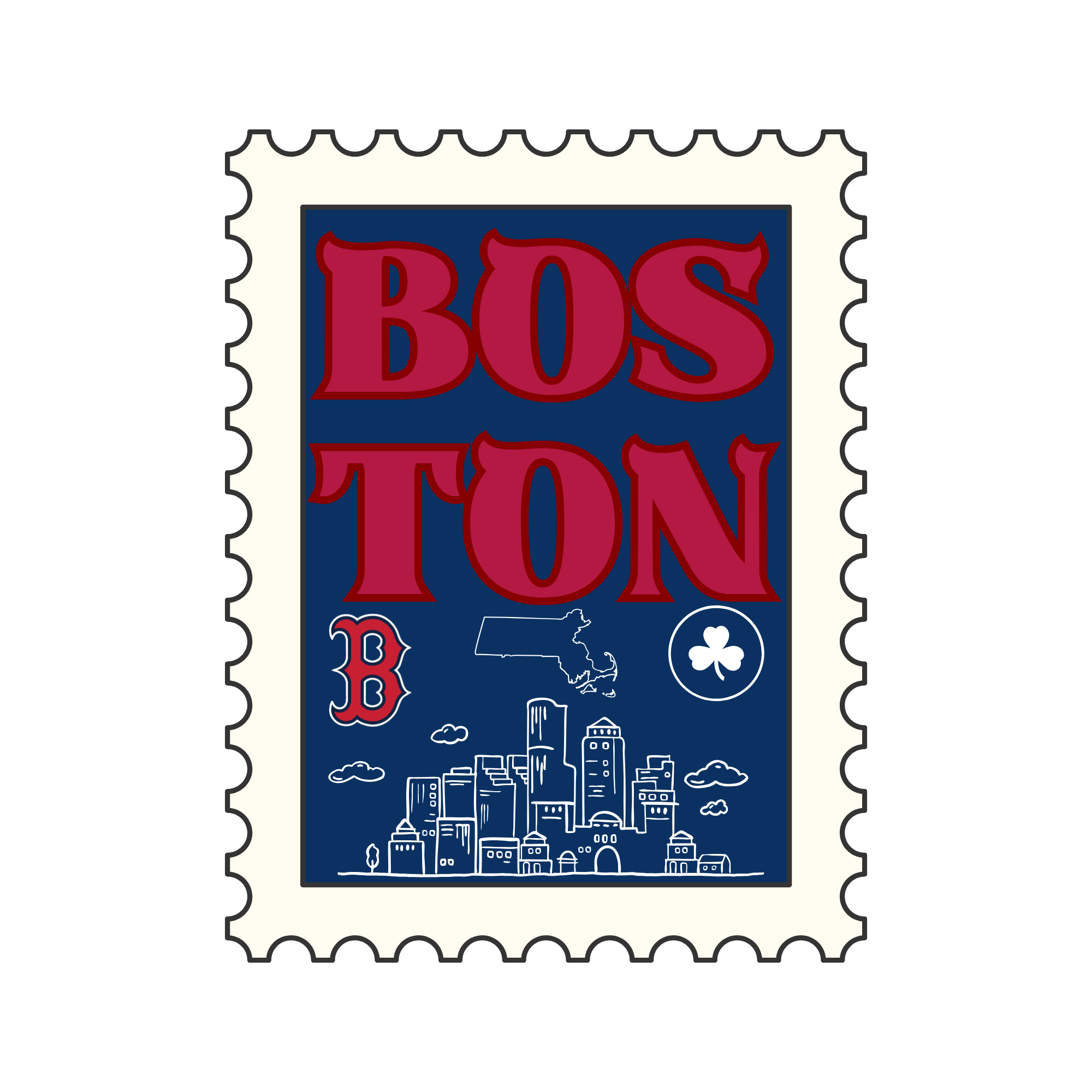 A decorative postage stamp with the word 'BOSTON', an outline map of Massachusetts, and imagery of the city skyline, clouds, a river, and a Celtics shamrock.