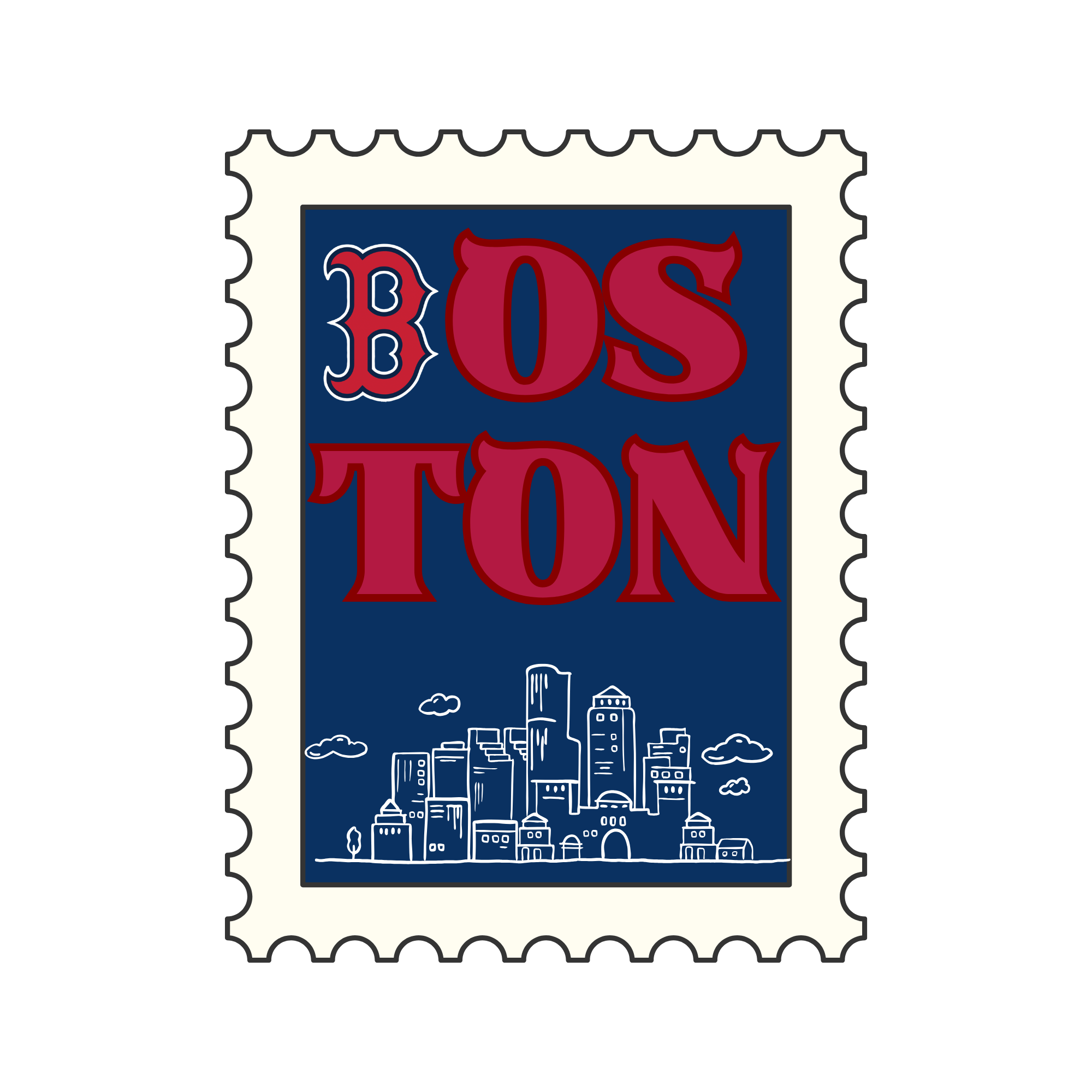 A postage stamp featuring the Boston city skyline drawing.