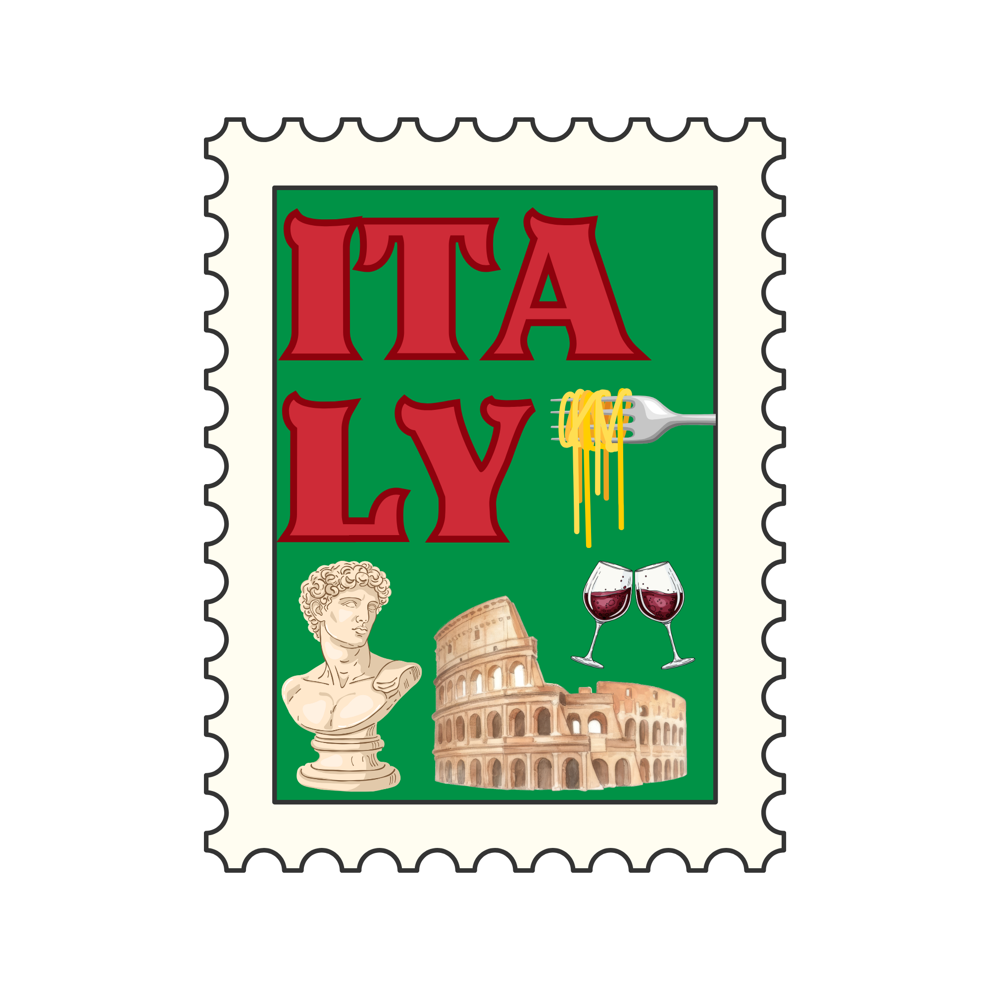 A stylized graphic of a postage stamp featuring the words 'ITALY' and images of Italian culture, including a bust of a Roman soldier, the Colosseum, two glasses of red wine, and a plate of pasta.