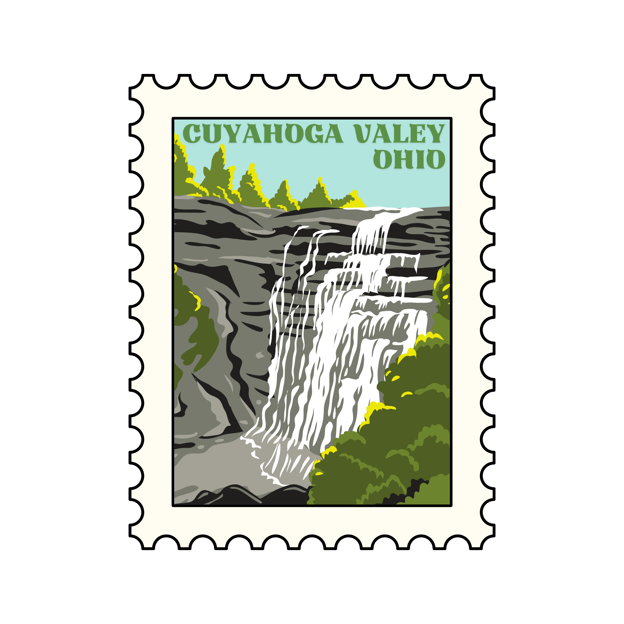 A postage stamp featuring Cuyahoga Valley National Park in Ohio with a waterfall, trees, and the name of the park.