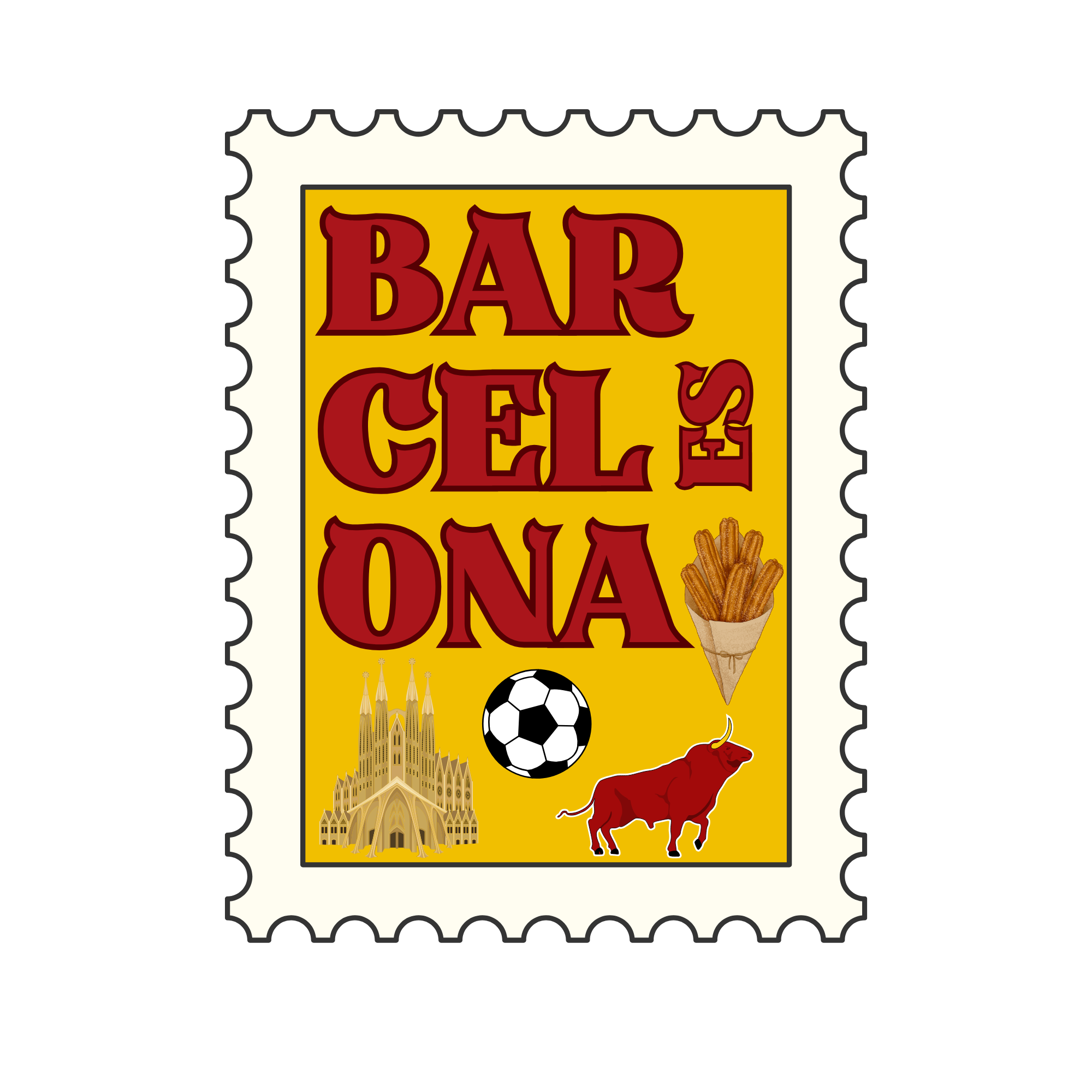 A promotional poster for a bar and grill restaurant featuring large red text that reads 'Bar', 'GEL', and 'ONA', along with images of a soccer ball, a city skyline, a cathedral, a red bull, a bunch of caramelized sugar sticks, and a cone of French fr