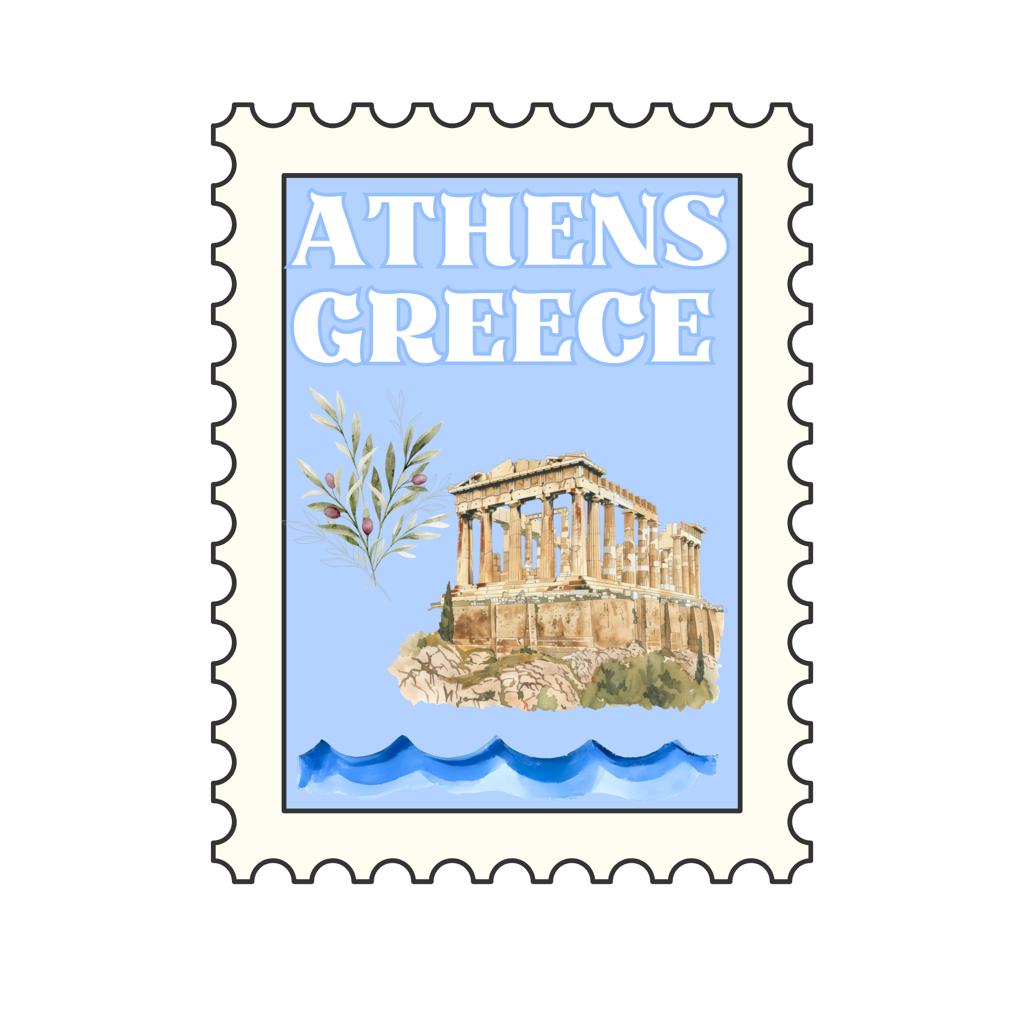 Illustration of a postage stamp featuring the Greek Parthenon temple, olive branches, and the words "ATHENS GREECE" at the top