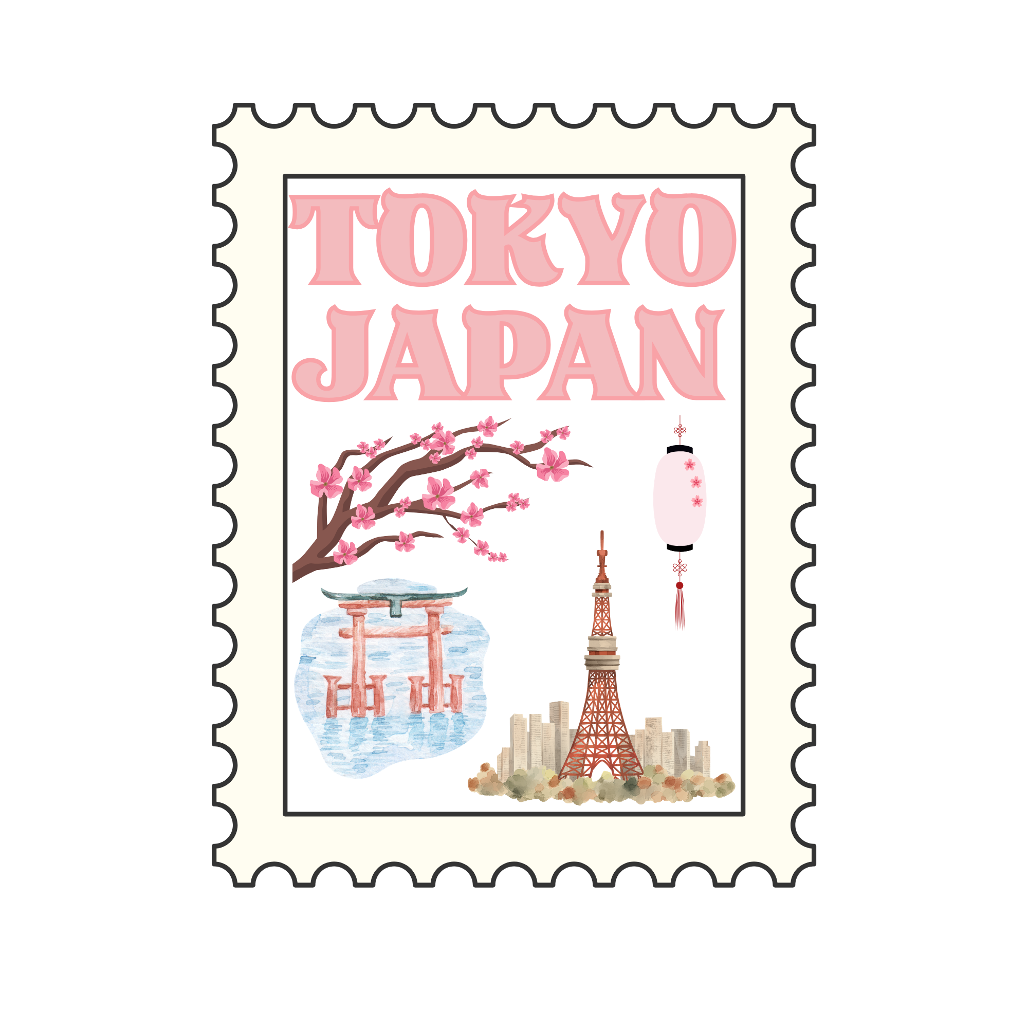 Illustration of a Japanese stamp with pink 'Tokyo Japan' text, cherry blossoms, a traditional lantern, a pagoda, a torii gate, Mount Fuji, and Tokyo cityscape in the background.