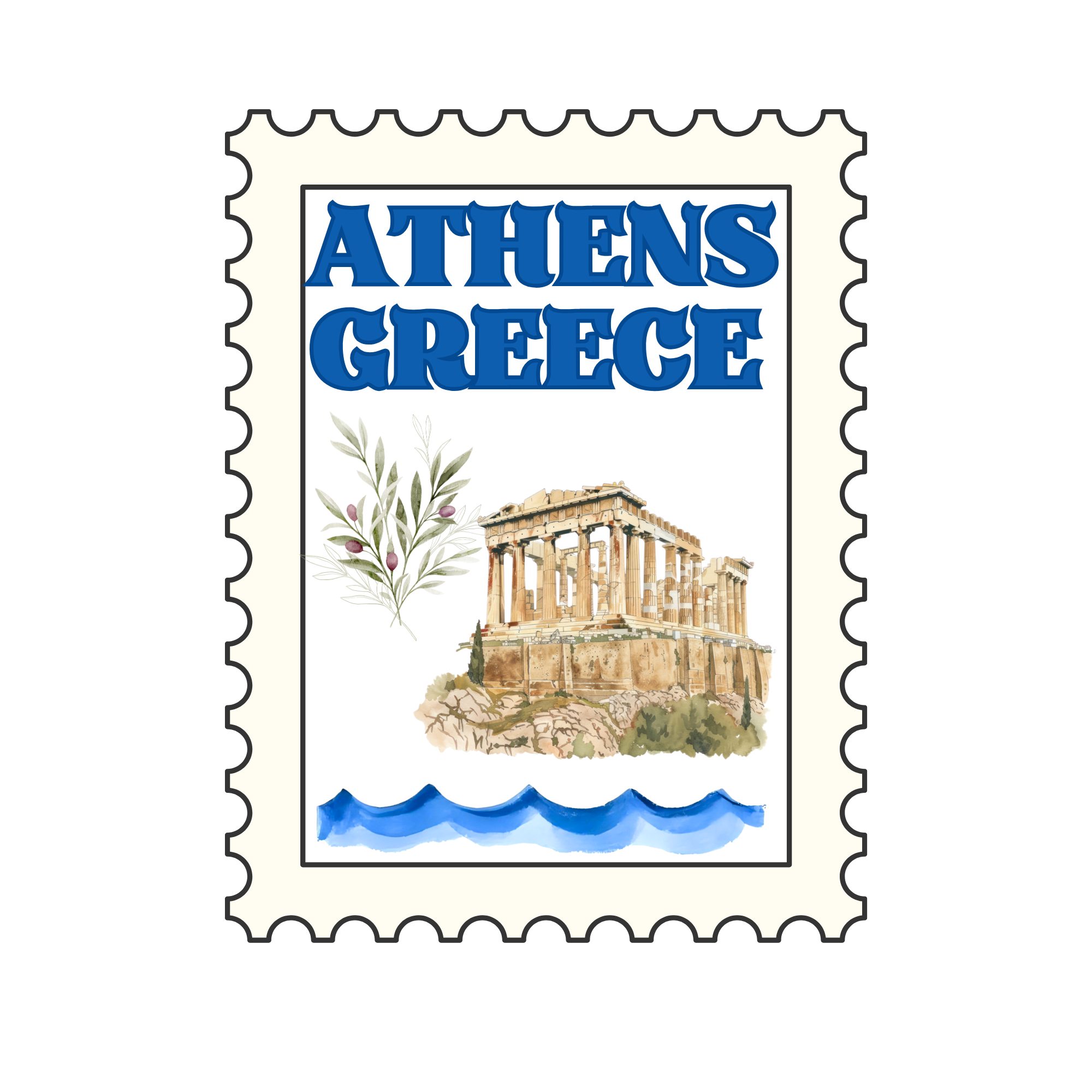 Illustration of a postage stamp featuring the Parthenon in Athens, Greece, with the text "ATHENS GREECE" and olive plants.