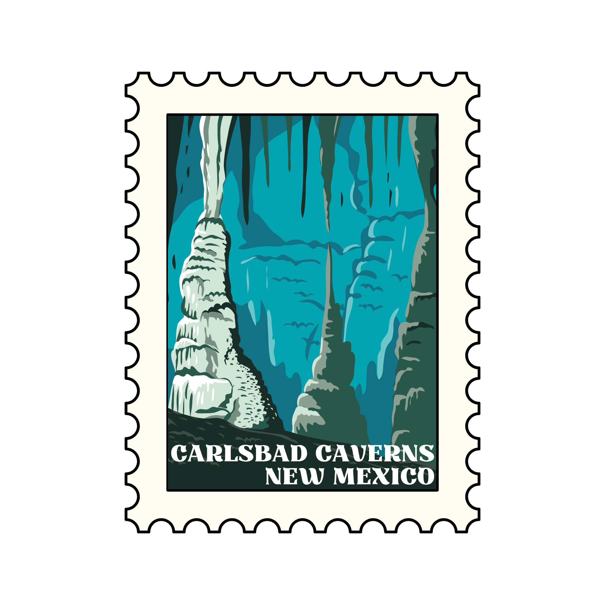 Vintage postage stamp featuring Carlsbad Caverns in New Mexico with an illustration of the cave's interior and a waterfall.