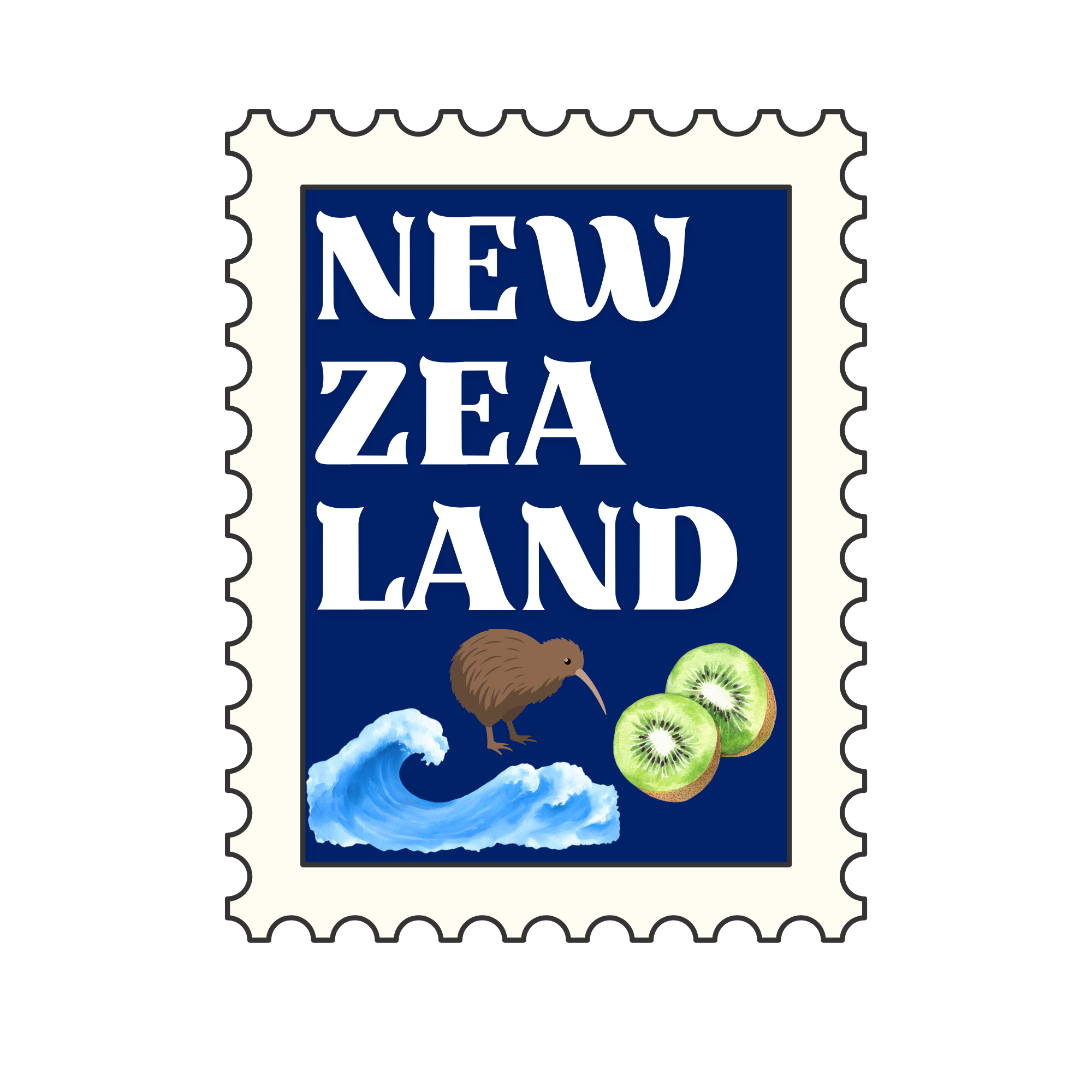 Postage stamp with the words "New Zealand" and images of a kiwi bird, kiwi fruit slices, and a wave.