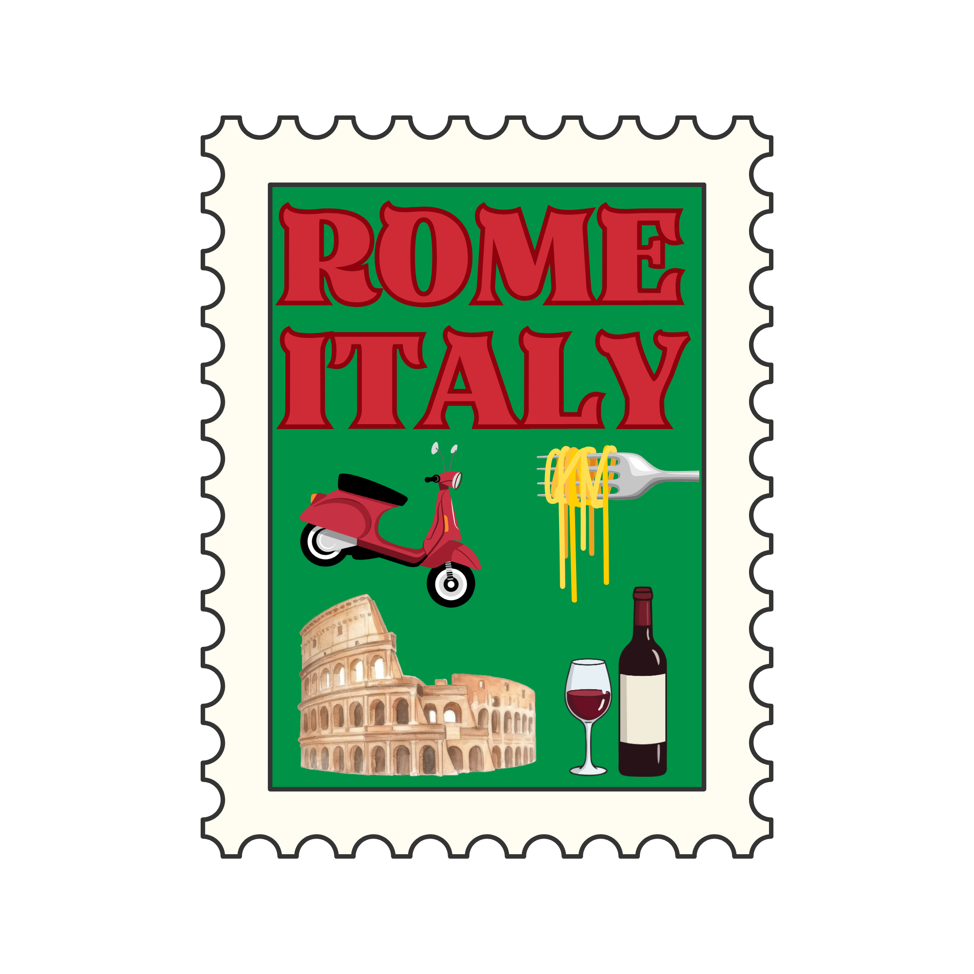 A stamp featuring the text 'Rome Italy' in red and green, with illustrations of a Vespa scooter, spaghetti, the Colosseum, a glass of red wine, and a bottle, set against a green background.