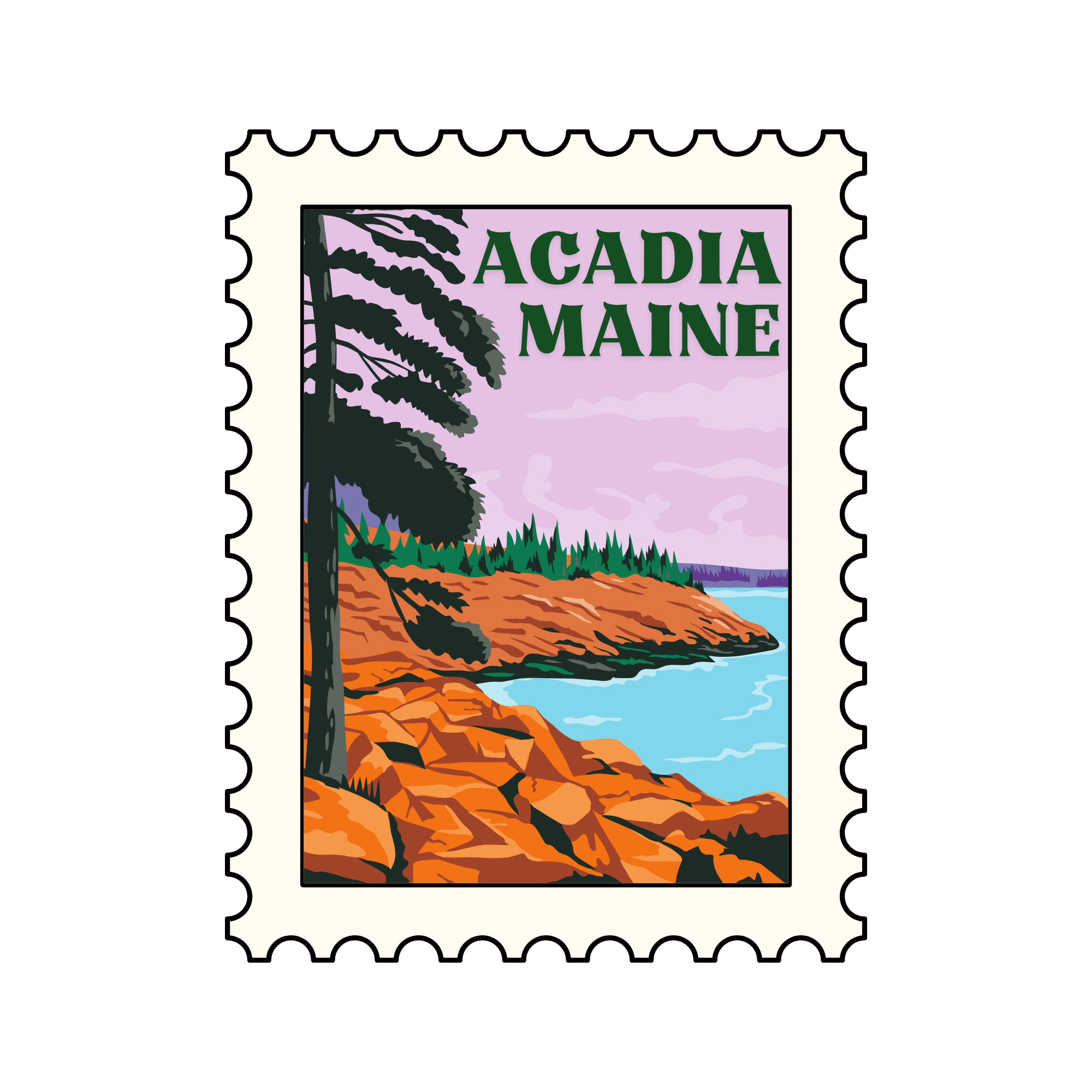 A postage stamp of Acadia National Park featuring a scenic landscape of a coastline with an orange and brown shoreline, green vegetation, purple cliffs, and a blue ocean, with the text "ACADIA MAINE" in green letters on a light purple background.