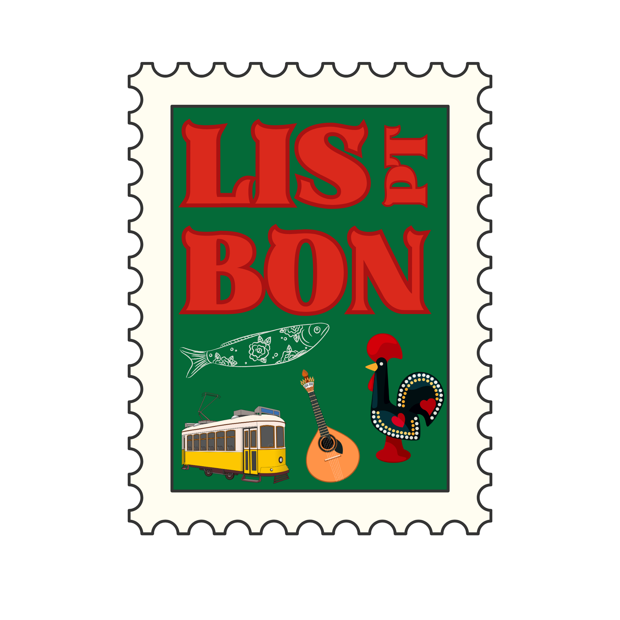 A colorful illustrated postage stamp featuring the words 'LISBON PORTUGAL' in red with green background, a fish design, a girl with drumsticks, a trolley car, a guitar, and a black hen with red highlights.