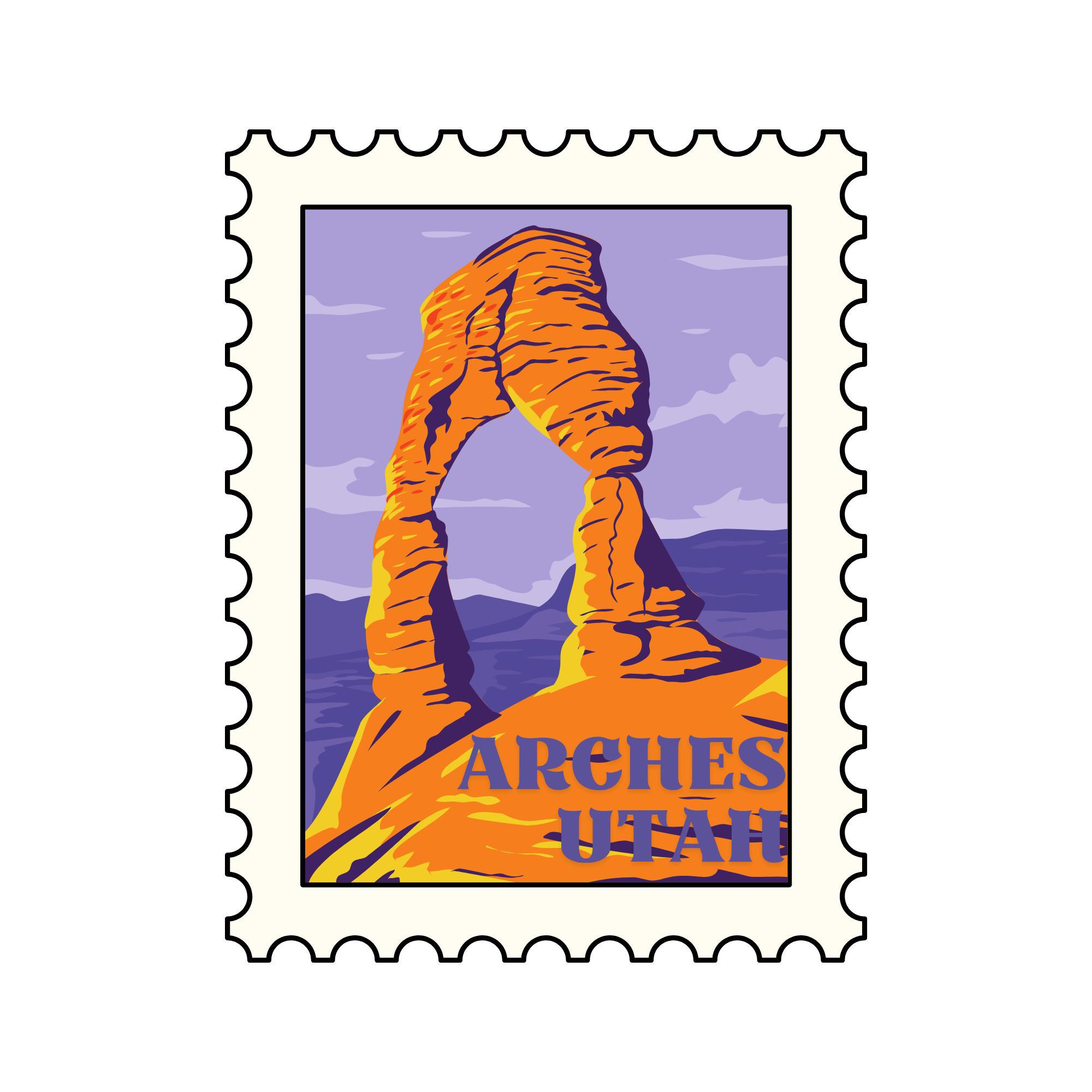A postage stamp of Arches National Park featuring an illustration of a mountain in orange tones against a light purple sky with clouds. The text on the stamp reads "ARCHES UTAH."