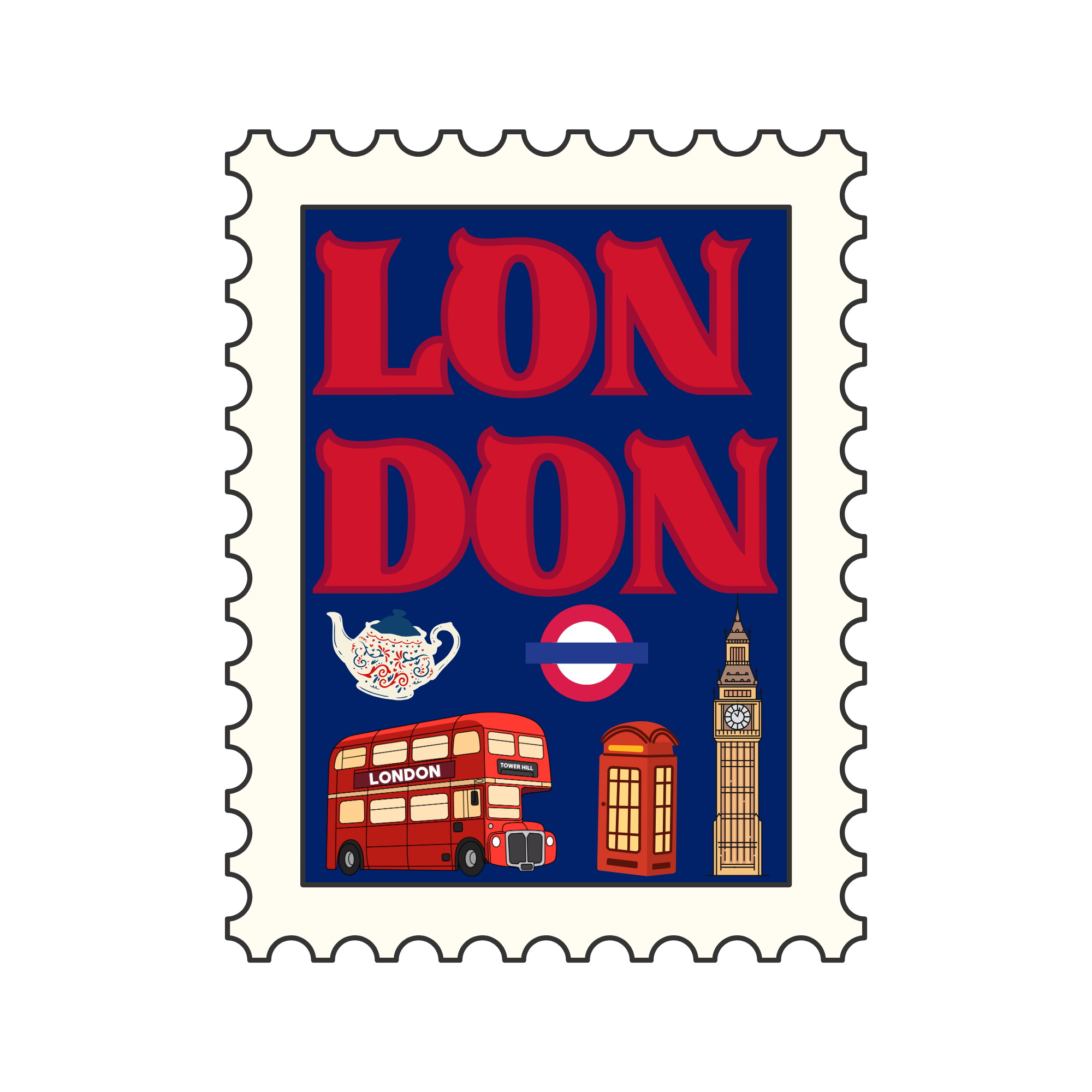 A decorative postage stamp featuring iconic London landmarks, including Big Ben and a red double-decker bus.