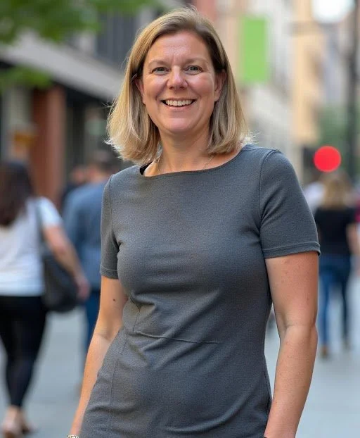 A smiling woman with shoulder-length blonde hair wearing a gray short-sleeved dress, standing outdoors in a busy city street.