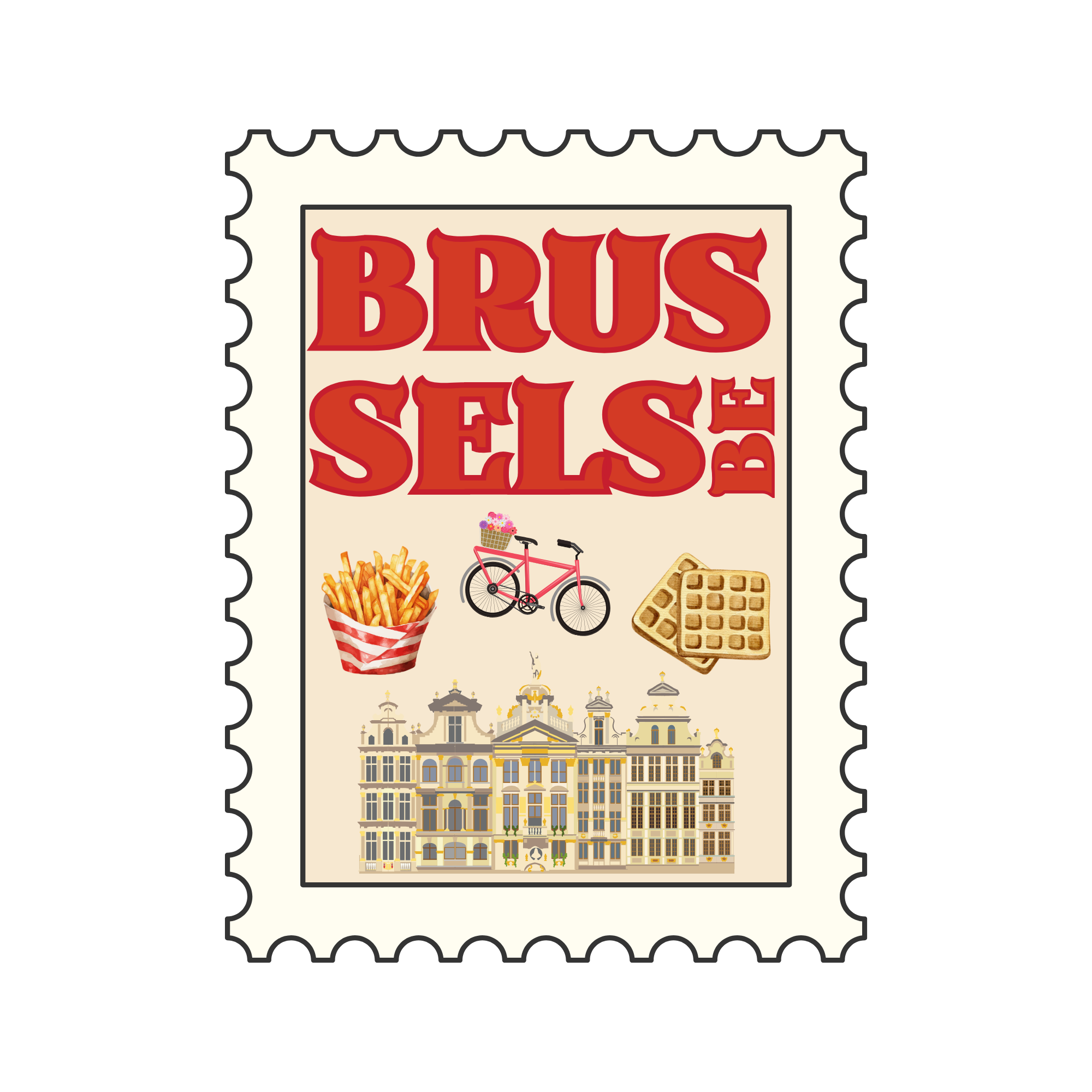 A coupon with the words 'BRUSSELS' and 'SALE' in bold red letters, featuring images of French fries, waffles, a bicycle, and a building.