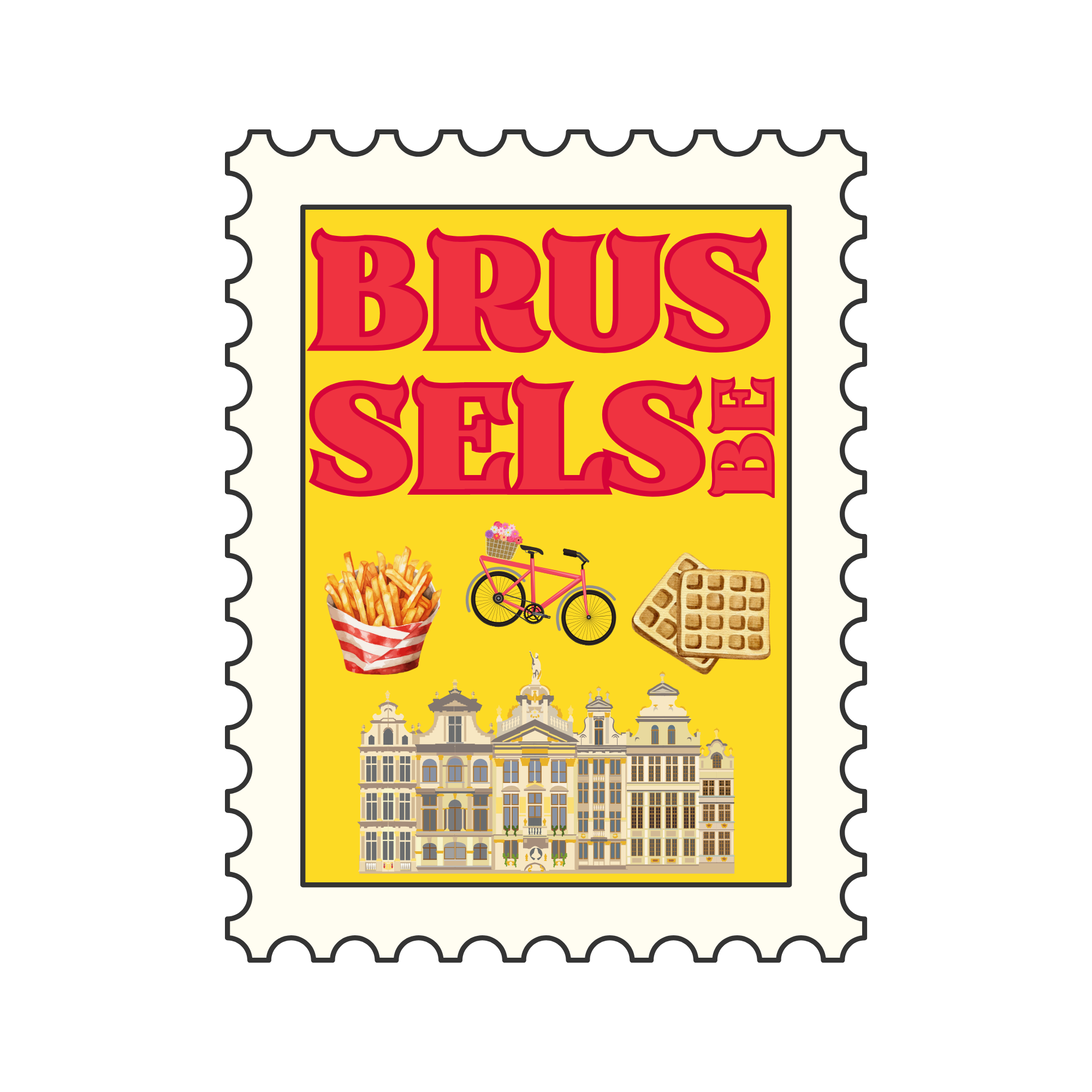 A yellow poster with red text advertising a clearance sale, featuring images of French fries, waffles, a bicycle, and waffles, mounted on a wall above a detailed architectural illustration.