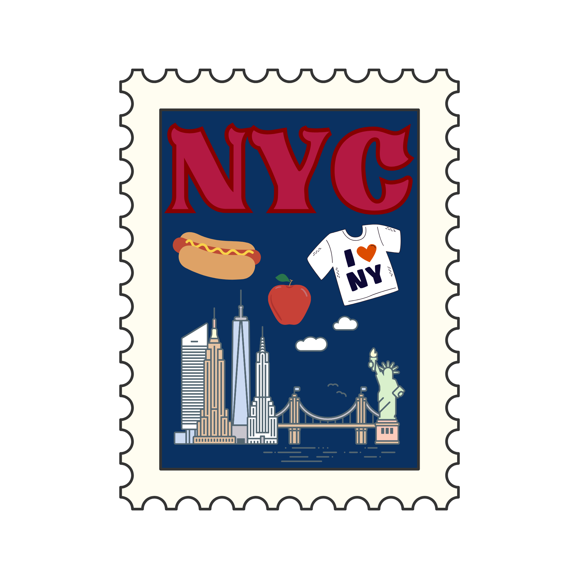 A postage stamp featuring the New York City skyline with the Statue of Liberty, a hot dog, an apple, a T-shirt with I 