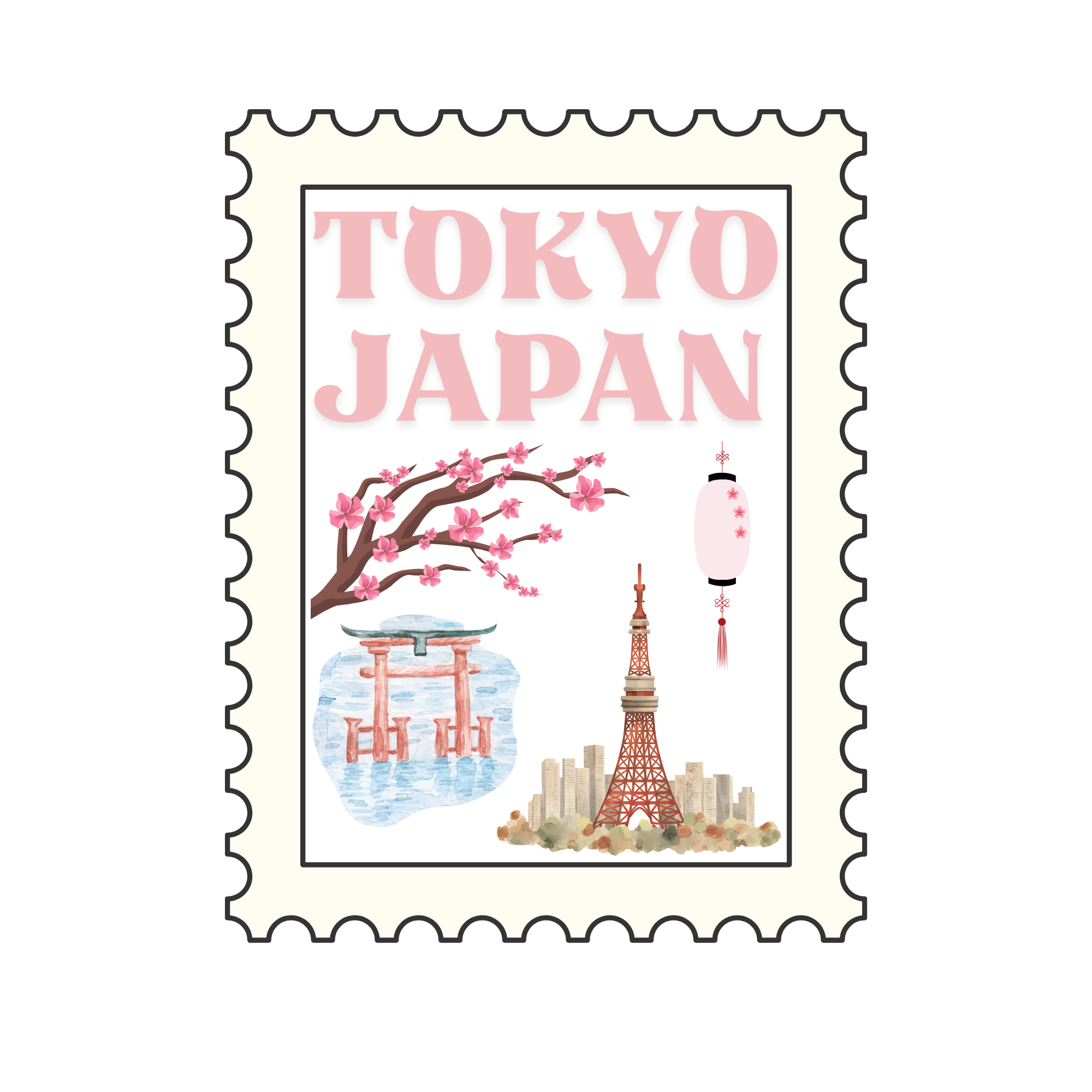 A postage stamp with pink text reading 'Tokyo Japan' and illustrations of cherry blossoms, a traditional Japanese lantern, a cherry blossom branch, a torii gate, the Eiffel Tower, and a cityscape in the background.