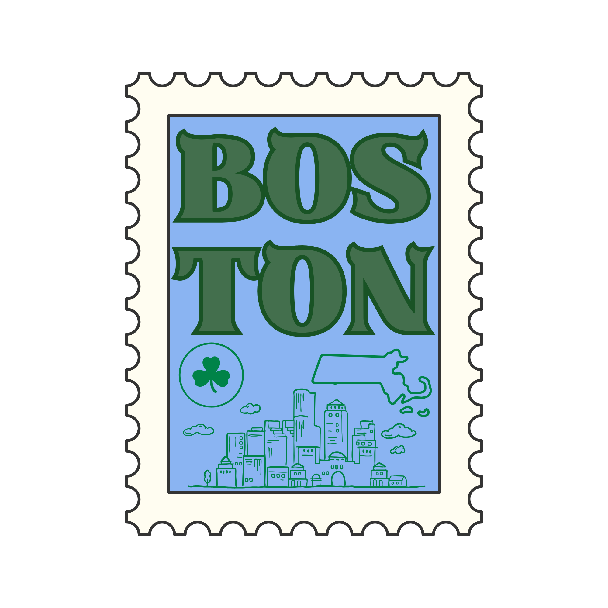 A postage stamp featuring the word "BOS" in large green letters, a blue background with a cityscape illustration, and small symbols of a shamrock, a hat, and a building.