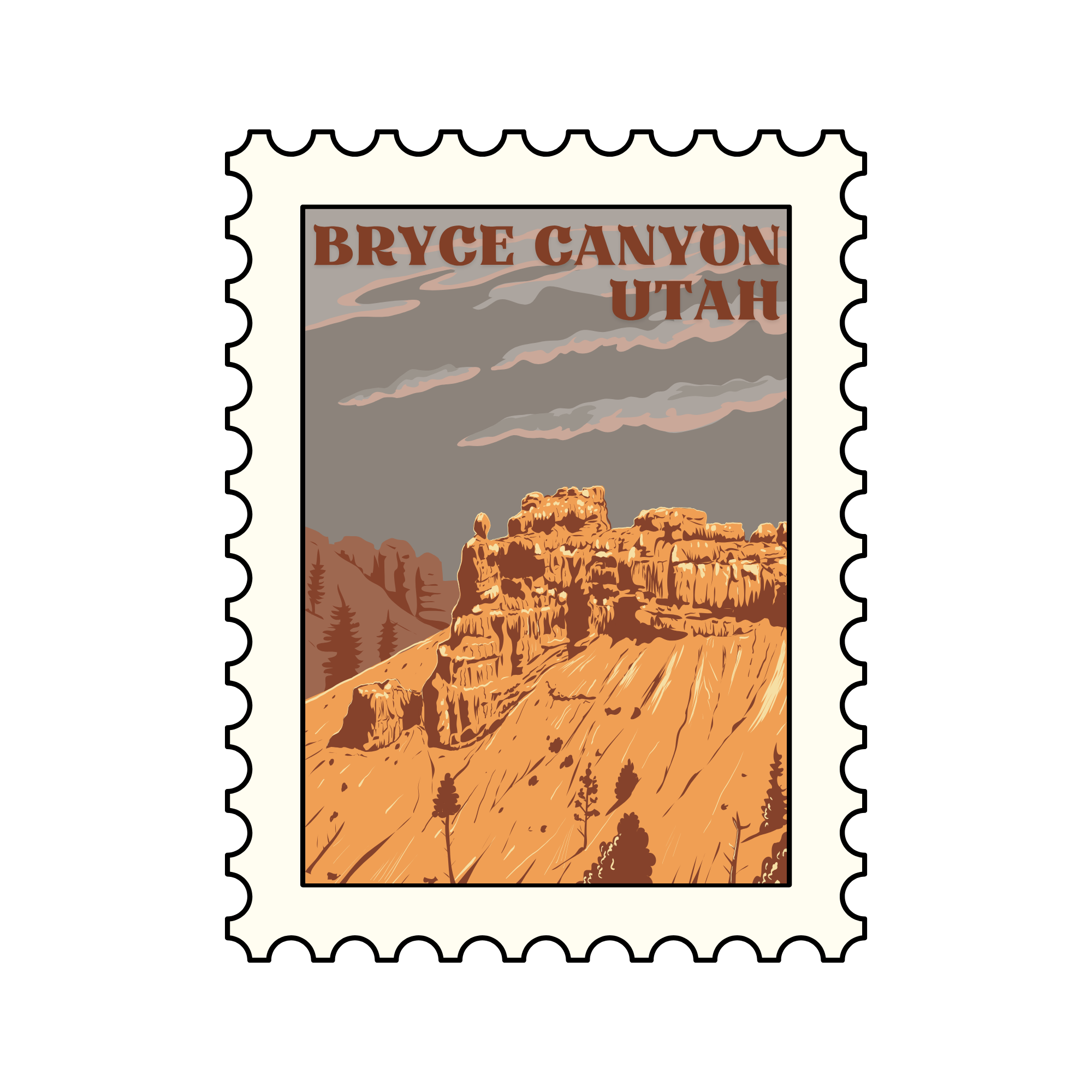 A postage stamp featuring Bryce Canyon in Utah with a scenic view of red rock formations and cloudy sky.