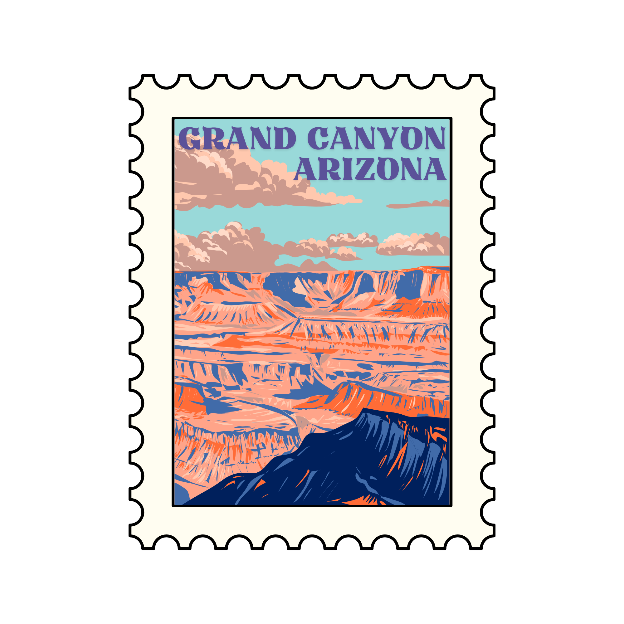 A postage stamp featuring a scenic view of Grand Canyon National Park, Arizona with colorful rock formations, clouds, and a blue sky.
