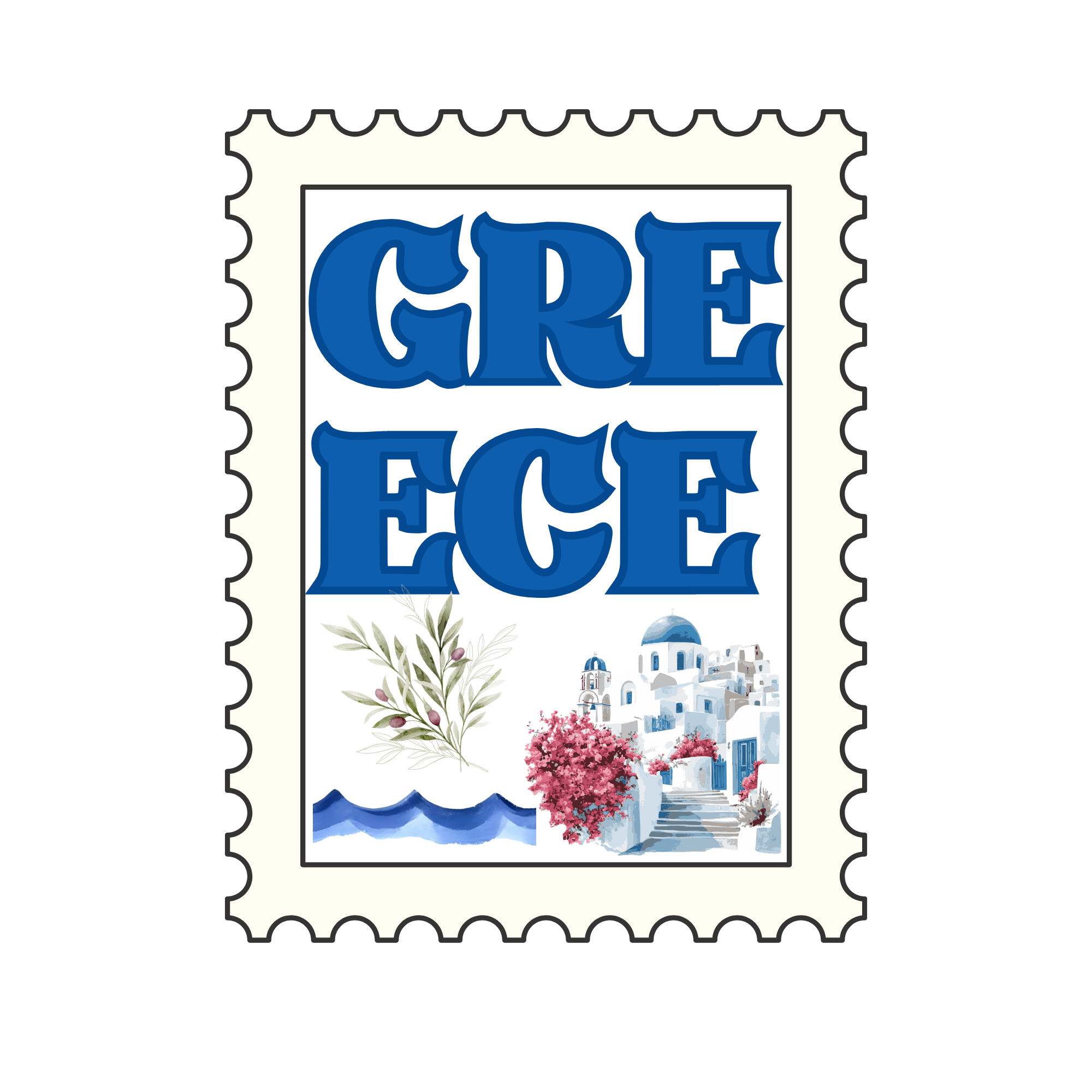 Postage stamp featuring the word 'Greece ' in blue font, with a watercolor illustration of a Greek island scene including white buildings, blue domes, and flowering trees. Includes waves and an olive branch.