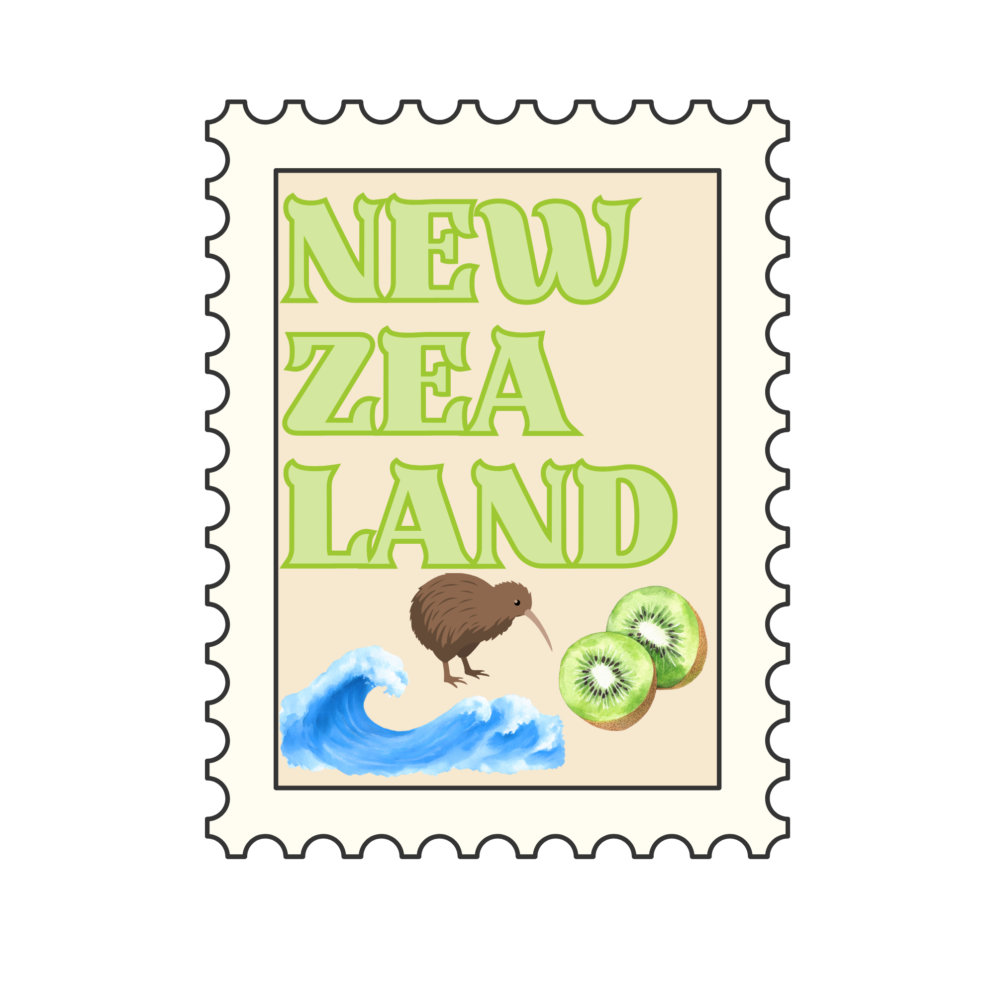 A colorful illustrated magazine cover titled 'New Zea Land', featuring a kiwi bird, kiwi fruit slices, a cloud, and water.