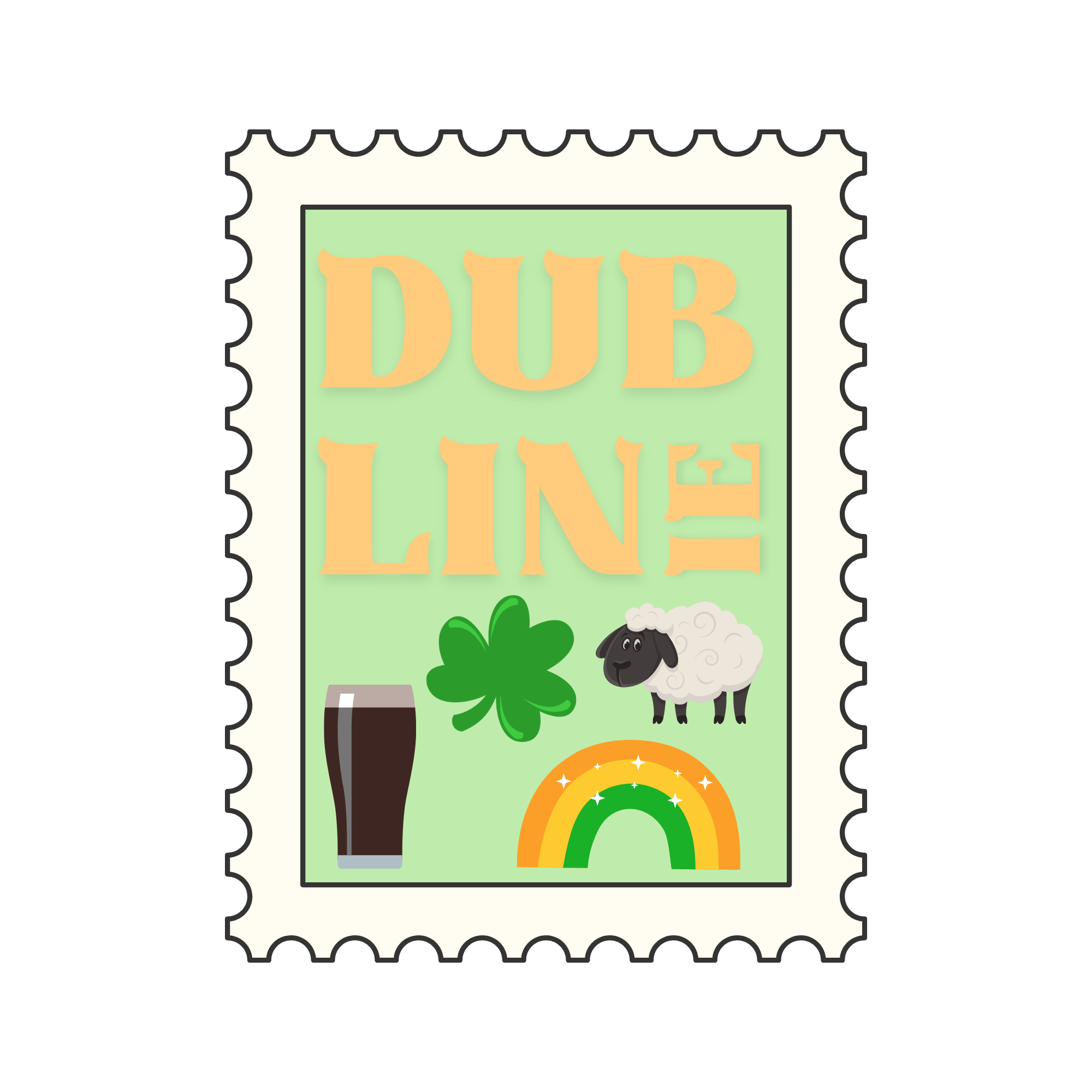 A stamp with a light green background and the word 'DUBLIN' in large, orange letters. The stamp features a rainbow with orange, yellow, and green bands and a pot of gold at the end, along with a sheep and a pint of Guinness.