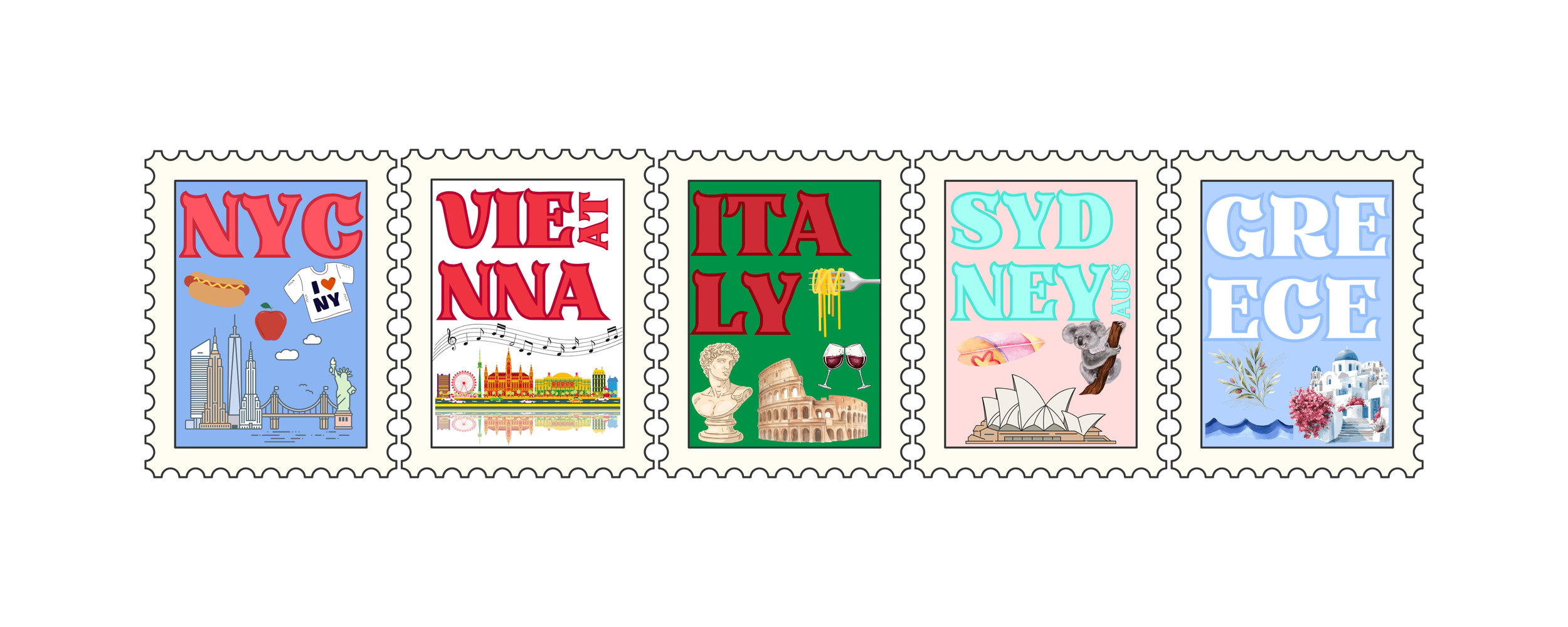 Set of five illustrated postage stamps featuring landmarks and symbols from major cities in the United States, Italy, Australia, Greece, and France.