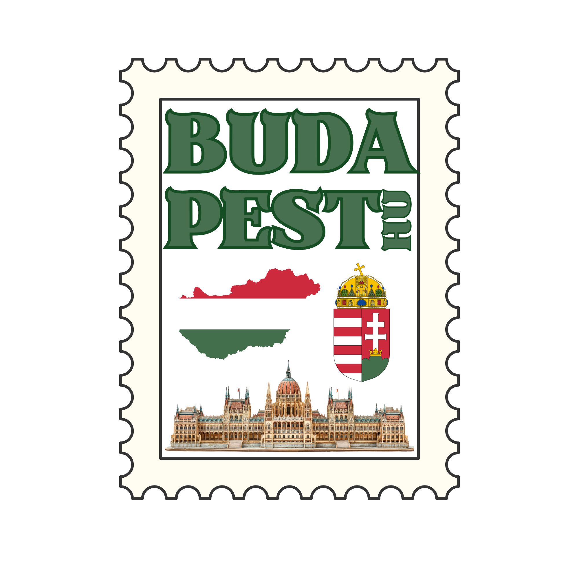 Poster with the title 'Buda Pest' featuring images of Hungary's map with the Hungarian flag, the Hungarian Parliament building, and the coat of arms of Hungary.