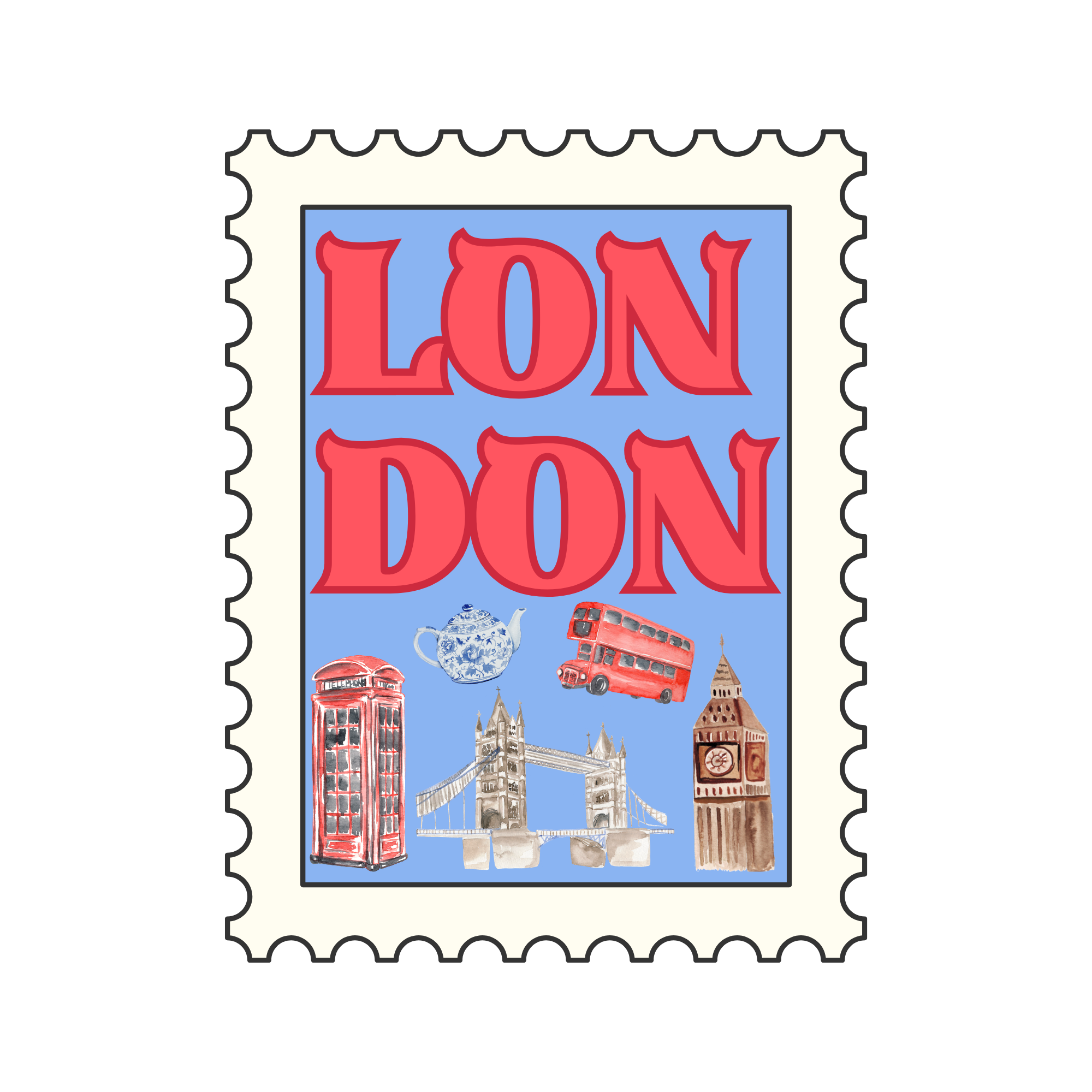 A post stamp featuring various iconic British symbols including red telephone booth, double-decker bus, Big Ben, and Tower Bridge, with red and blue colors.