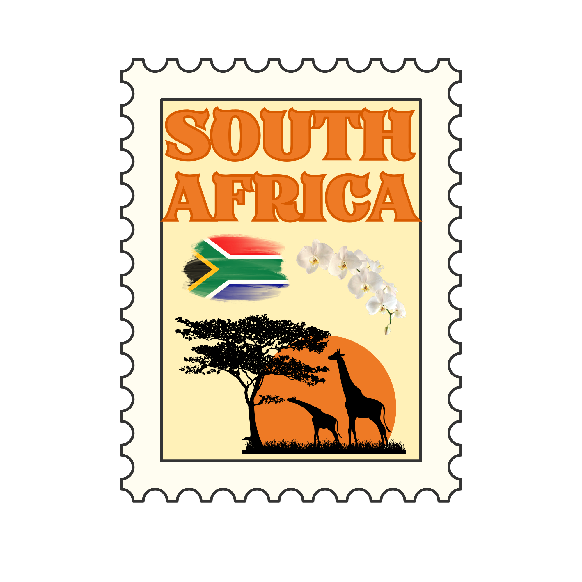 A postage stamp with the text "South Africa" in large orange letters, an illustration of an African landscape with a tree, giraffe, and grass, and the South African flag.