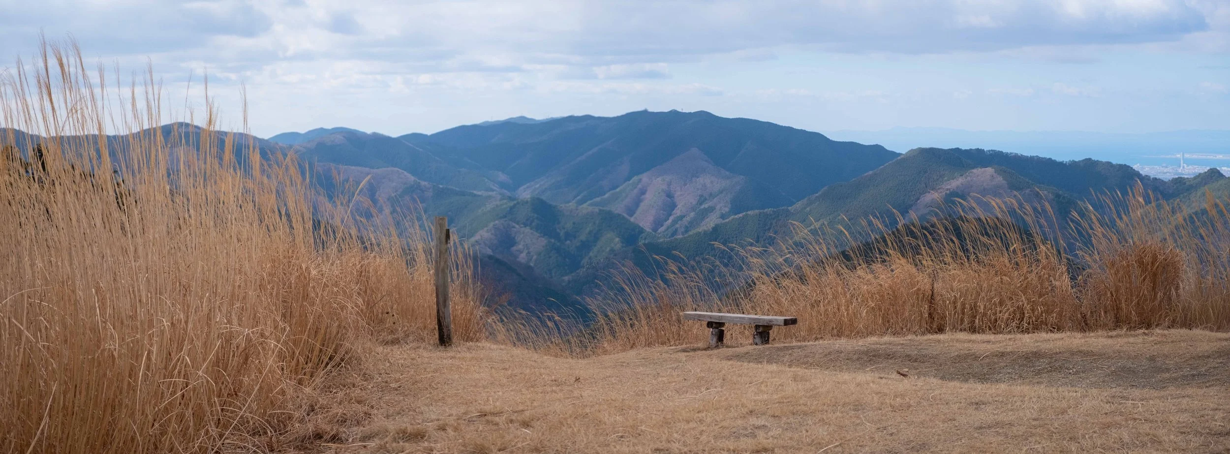 A vast field of Japanese pampas grass (susuki) on top of Mount Iwawaki opens up to a view of the neighbouring mountains