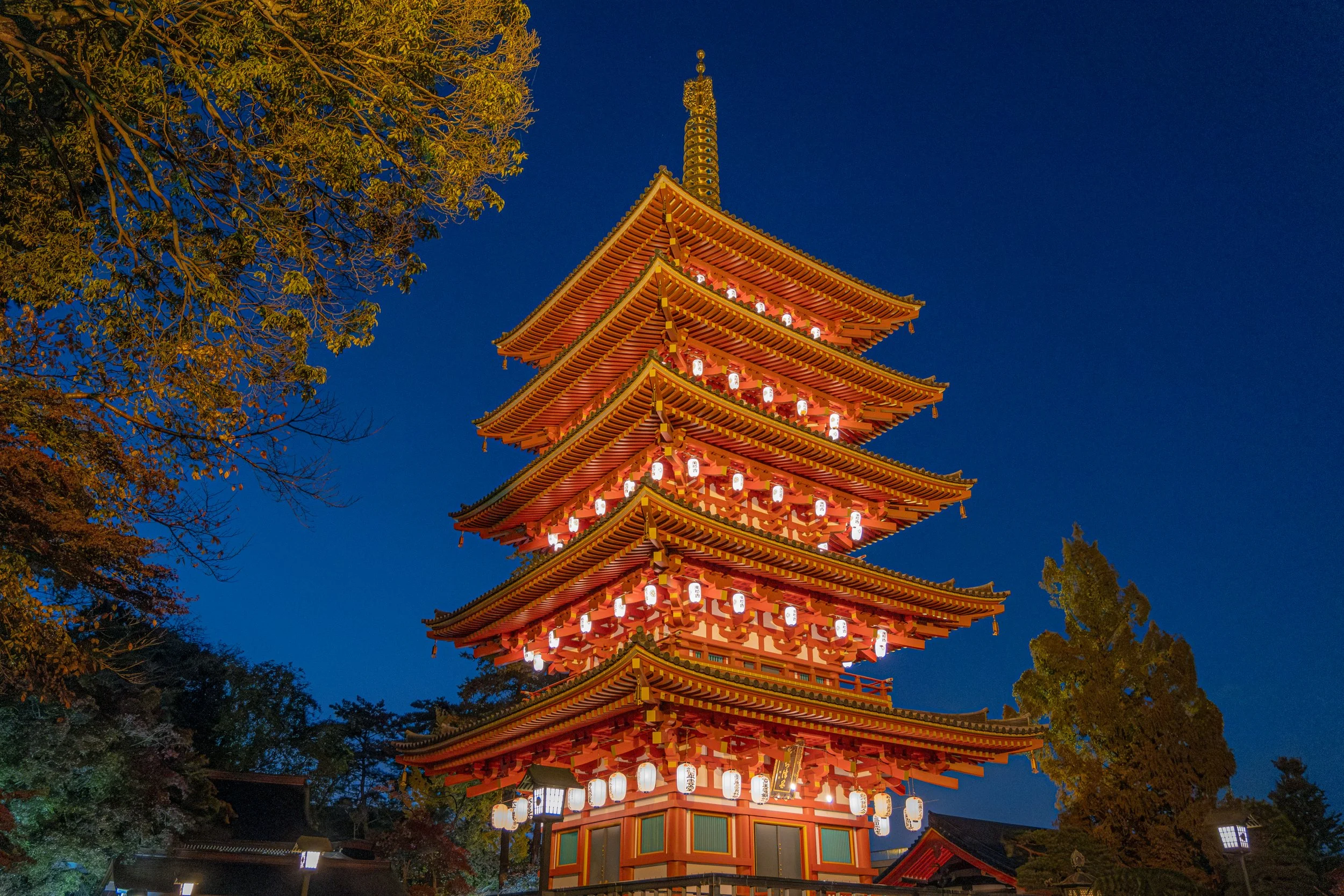 The nighttime view of the Five-Story Pagoda of Takahata Fudoson