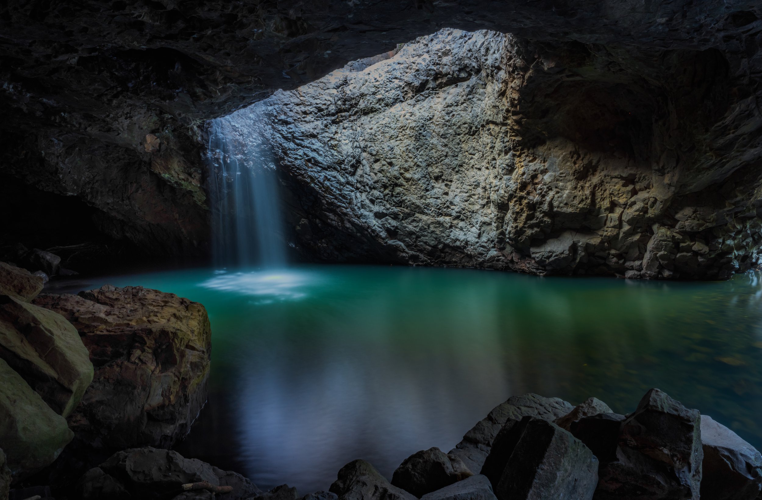 A waterfall inside of Natural Bridge