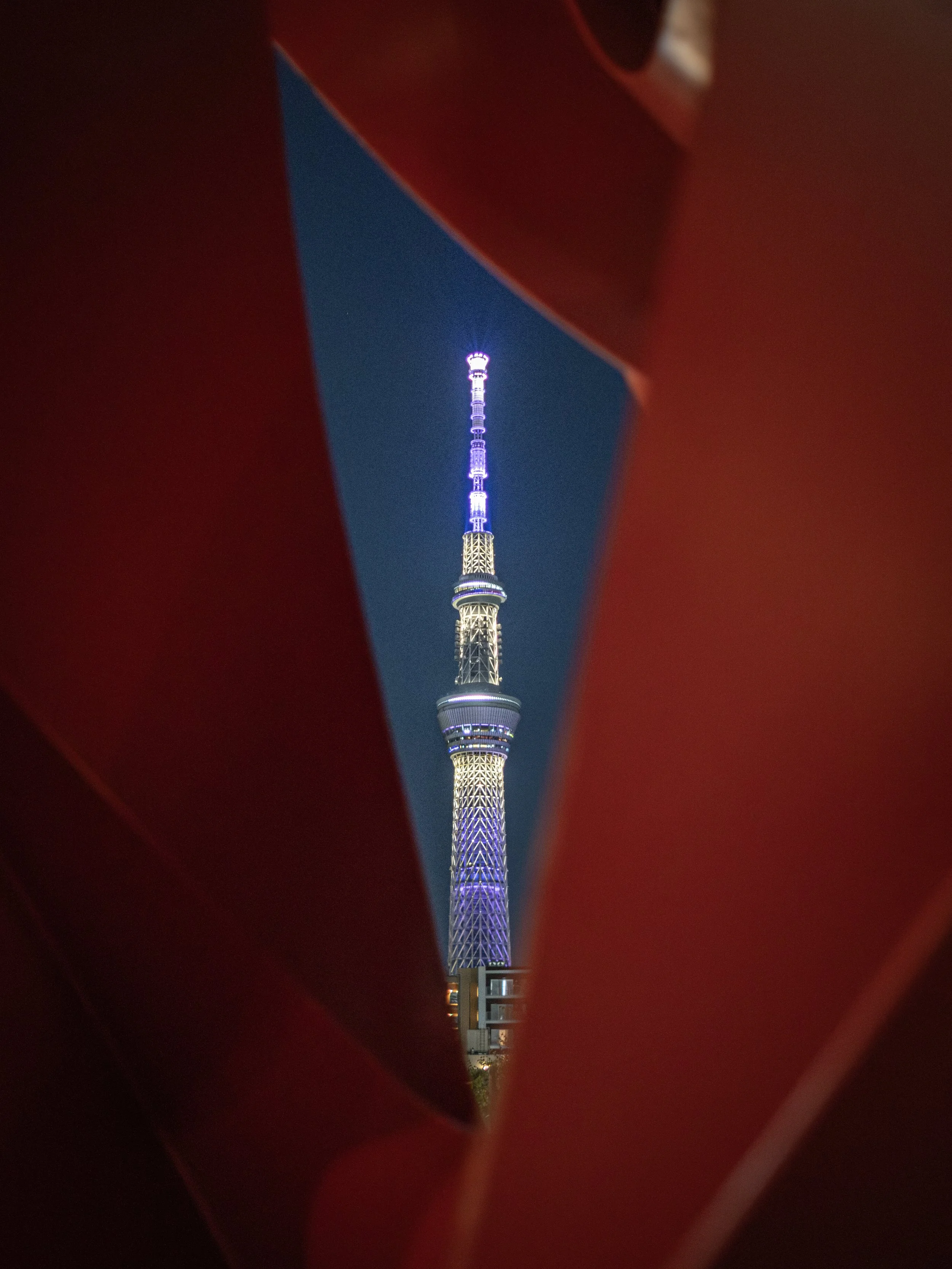 The Skytree, framed byan artwork installation piece, called RONDO, located in Kinshicho