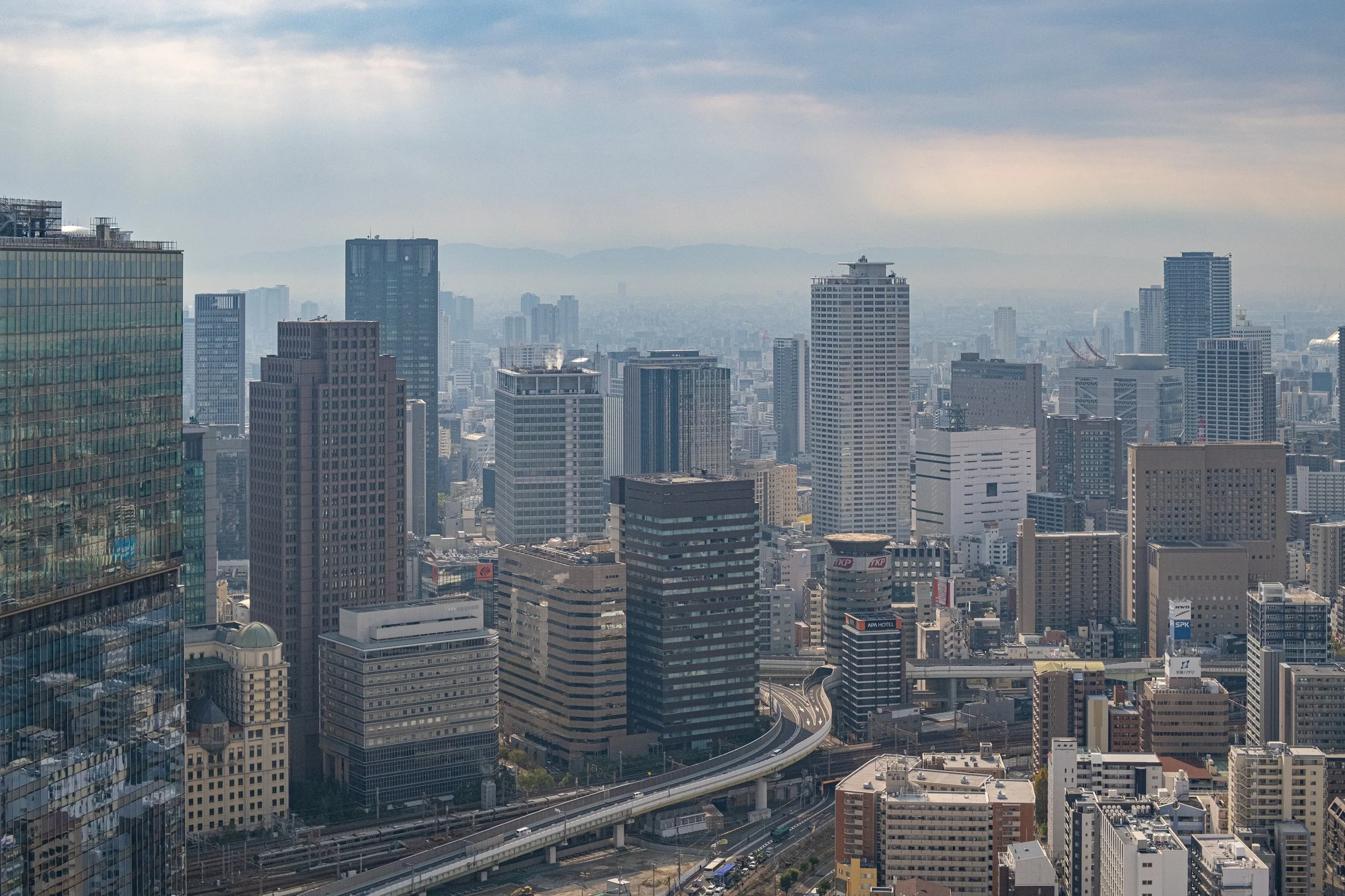 The Osaka skyline as seen for atop of the Kuchu Teien Observatory