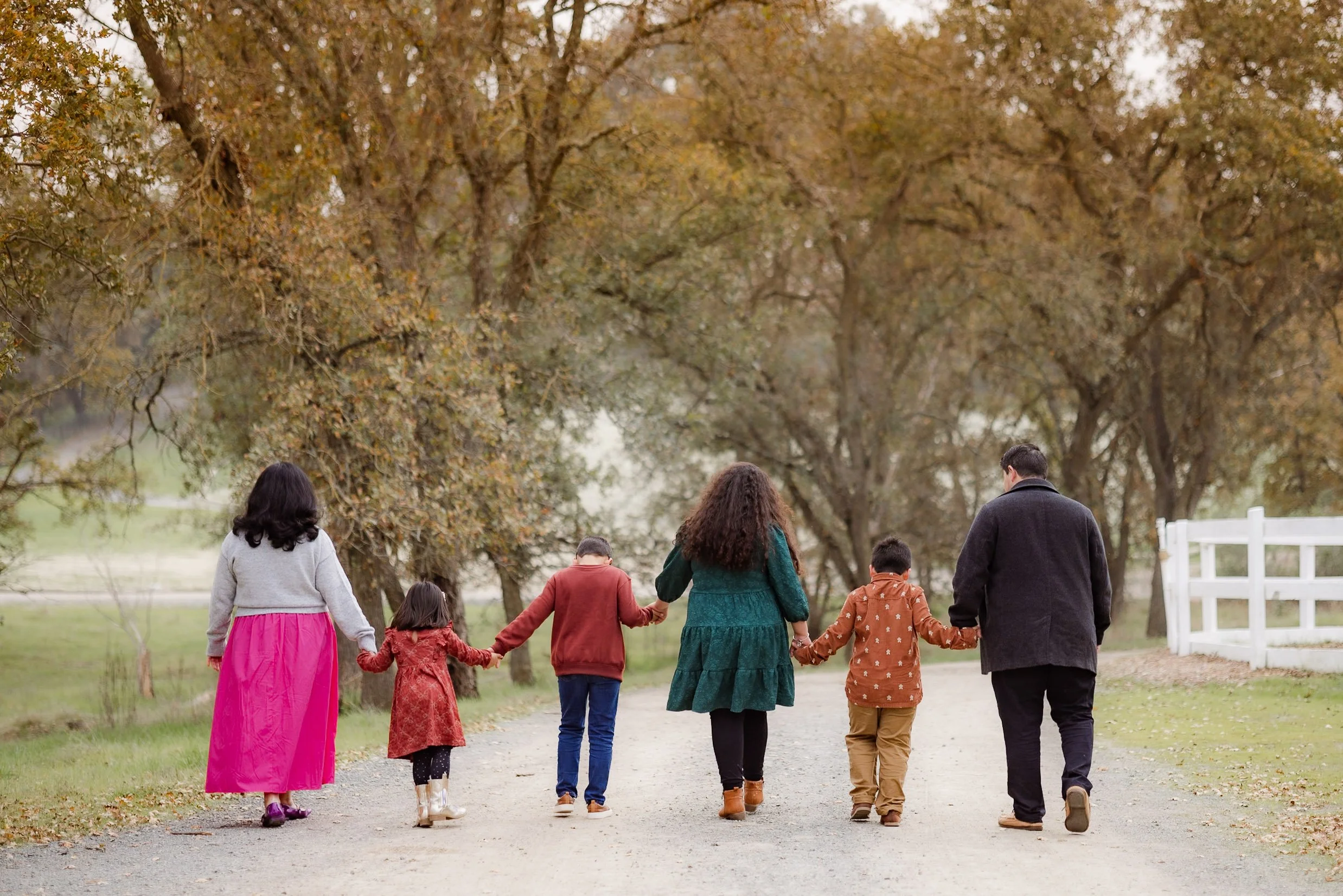 Family of seven walking hand-in-hand on a tree-lined path during fall, with colorful autumn leaves.