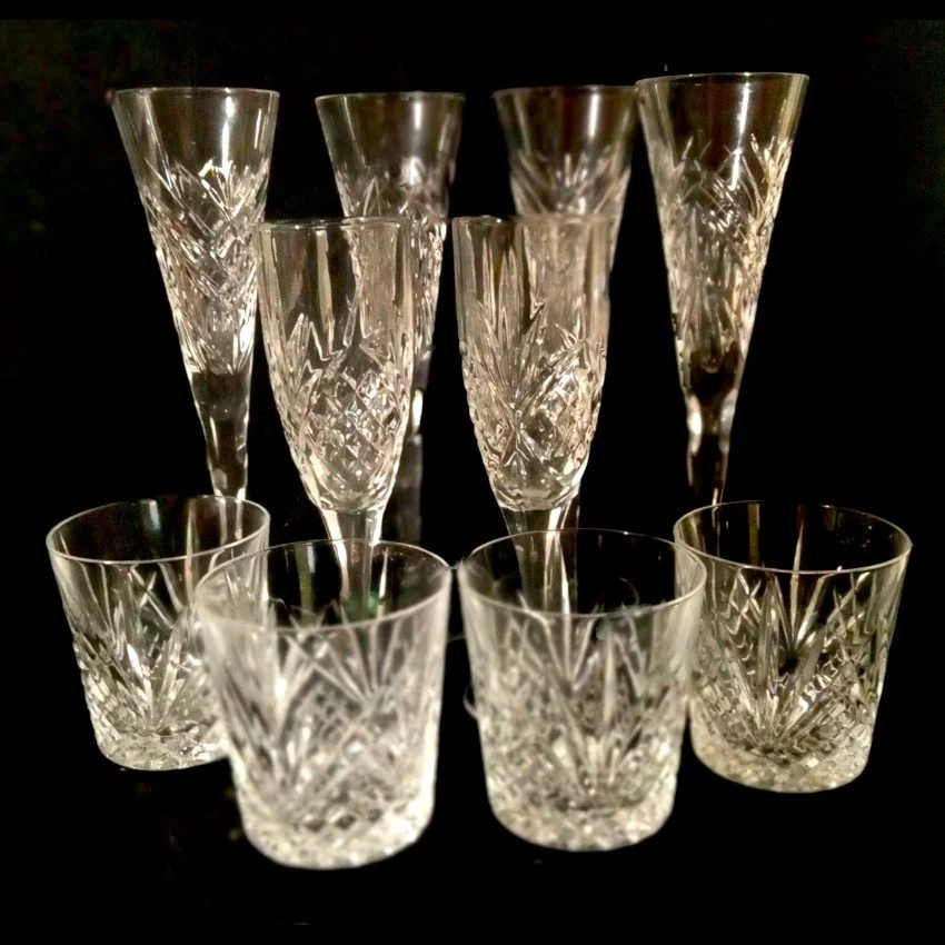 Matching: 4 Godinger Crystal Champaign, 4 Crystal Rocks & 2 Crystal Wine Glasses