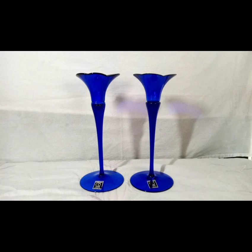 2 Oneida Crystal Cobalt Blue Tapered Candleholders 9.25" - Never Used