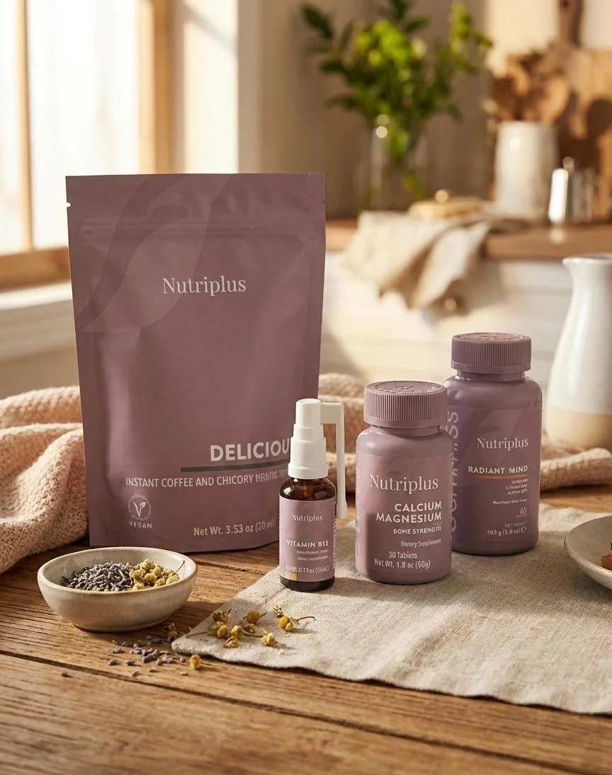 Supplements and herbal products from Nutrilus, including calcium magnesium tablets, a vitamin B12 spray, and a radiant mind supplement set on a wooden table with small bowls of herbs and flowers in a cozy, sunlit room.