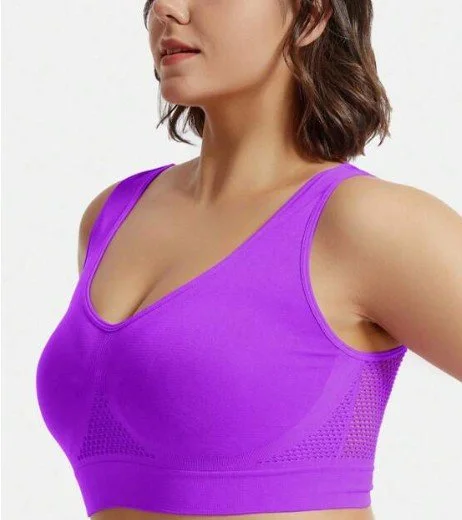 TS Saunders Women's Ultra-Breathable Mesh Push-Up Sports Bra with Embroidered Logo - Purple