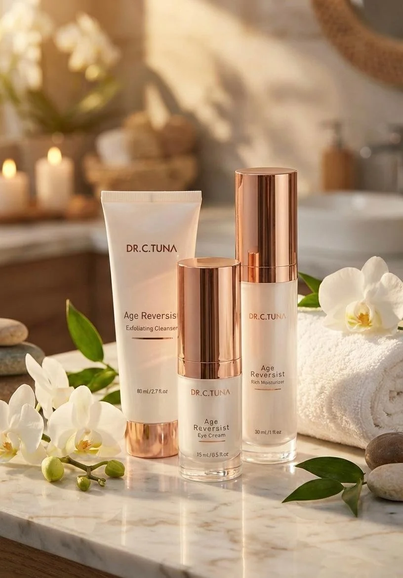 Set of skincare products including an exfoliating cleanser, eye cream, and rich moisturizer from DR. C. TUNA Age Reversist line, displayed on a marble surface with white flowers, candles, and spa decor.