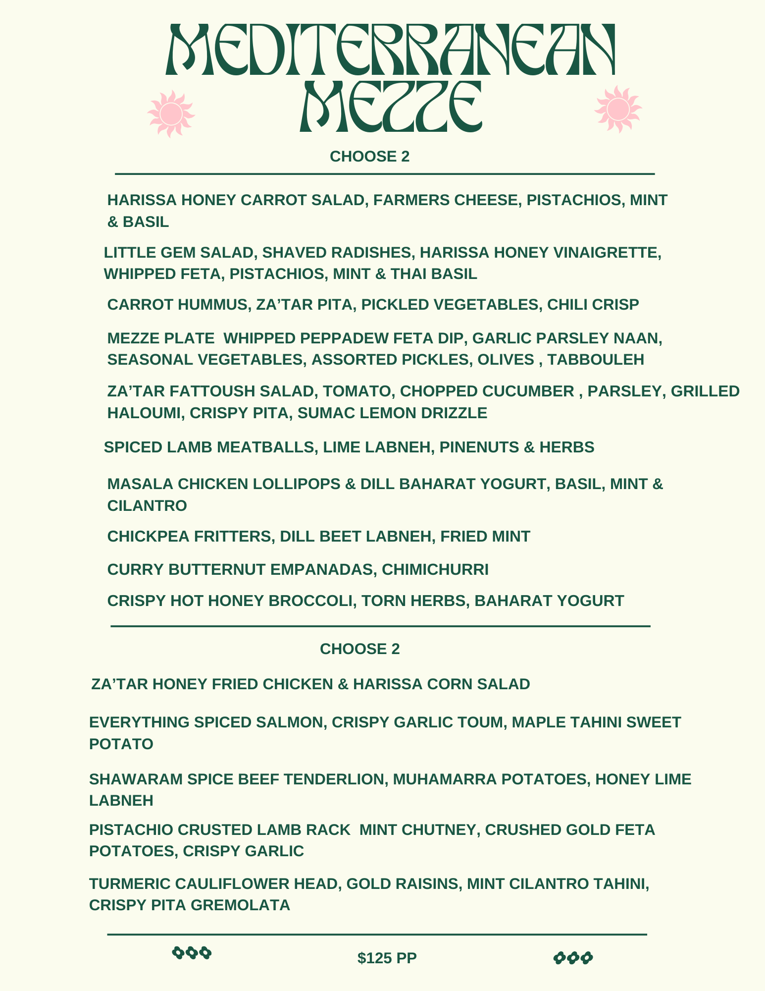 Mediterranean mezze menu listing various dishes including salads, hummus, dips, vegetarian and meat options, with a price of $125 per person.