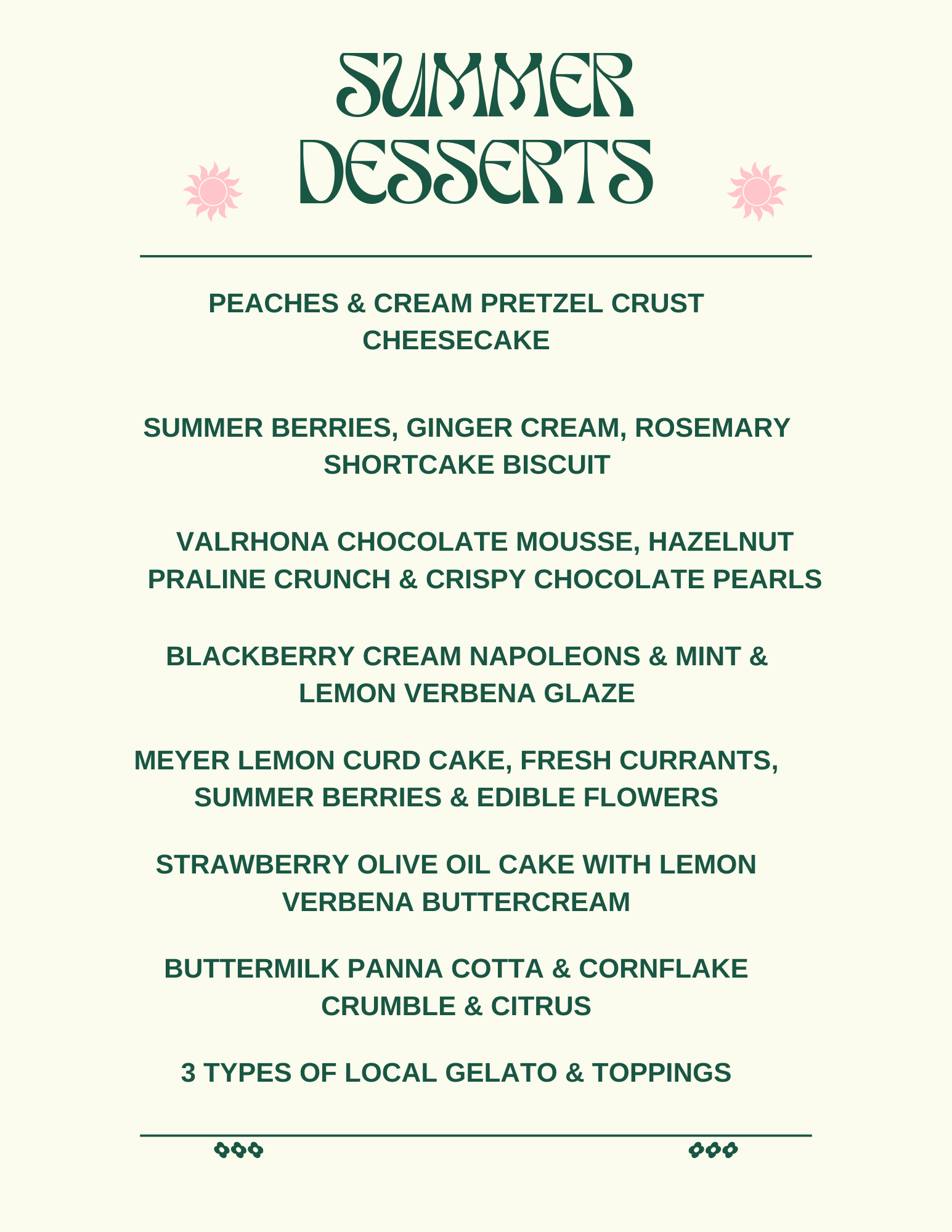 Menu titled Summer Desserts listing various fruit-based and chocolate desserts with toppings.