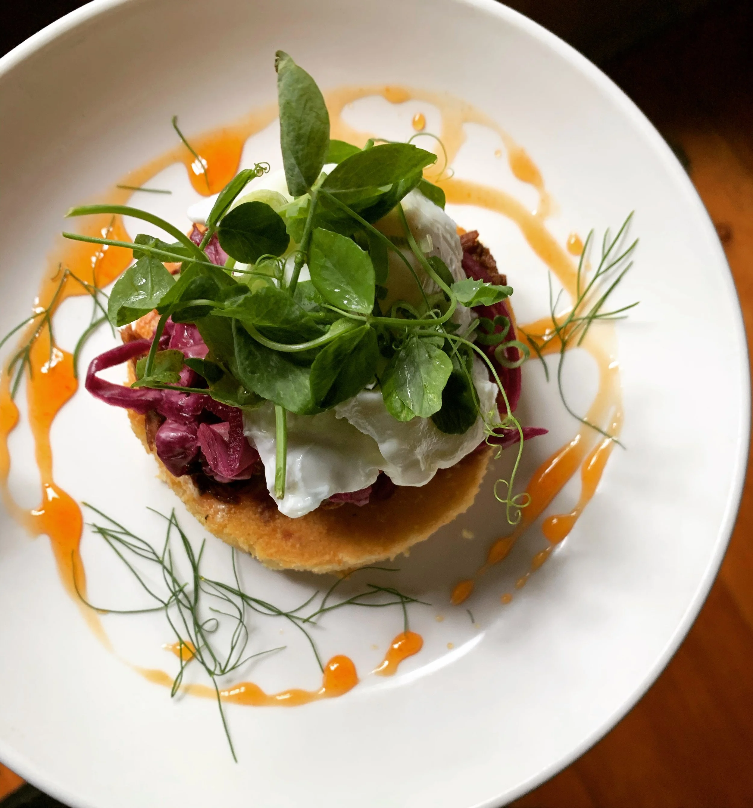 Poached Eggs, Plimoth Grist Mill Corn Bread, Calabrian Chili Honey Pork, Pickled Red Cabbage 