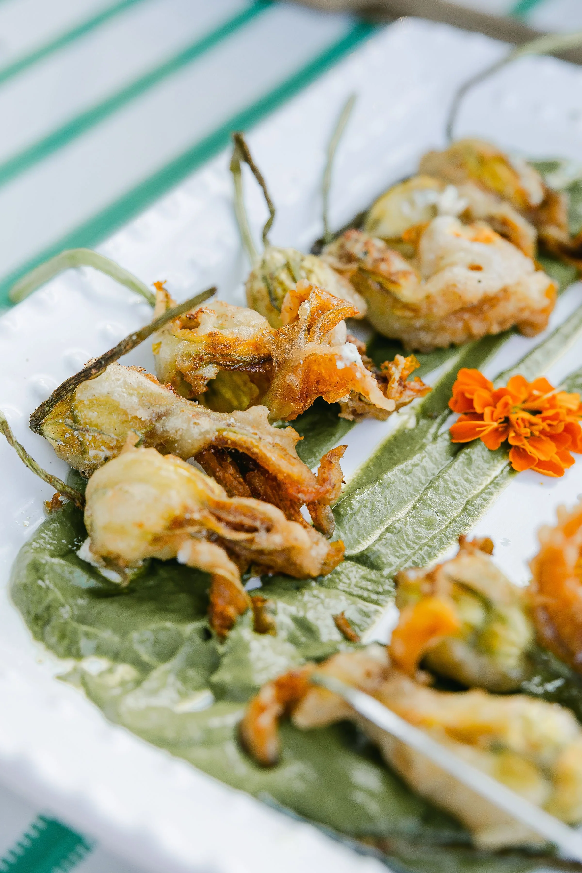 Stuffed Fried Squash Blossoms, Basil Pesto, Ricotta, Lemon Verbena