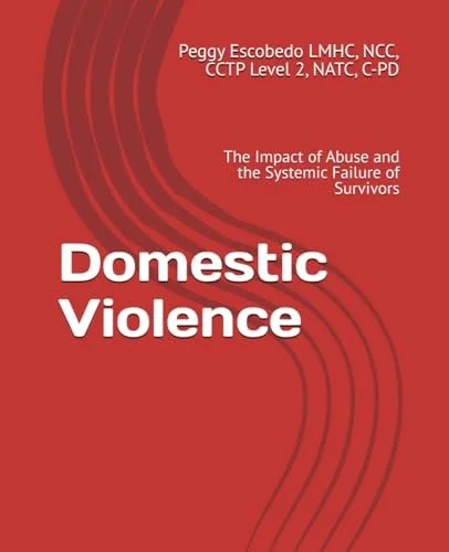 Book cover titled 'Domestic Violence' by Peggy Escobedo, with red background and curved line design.