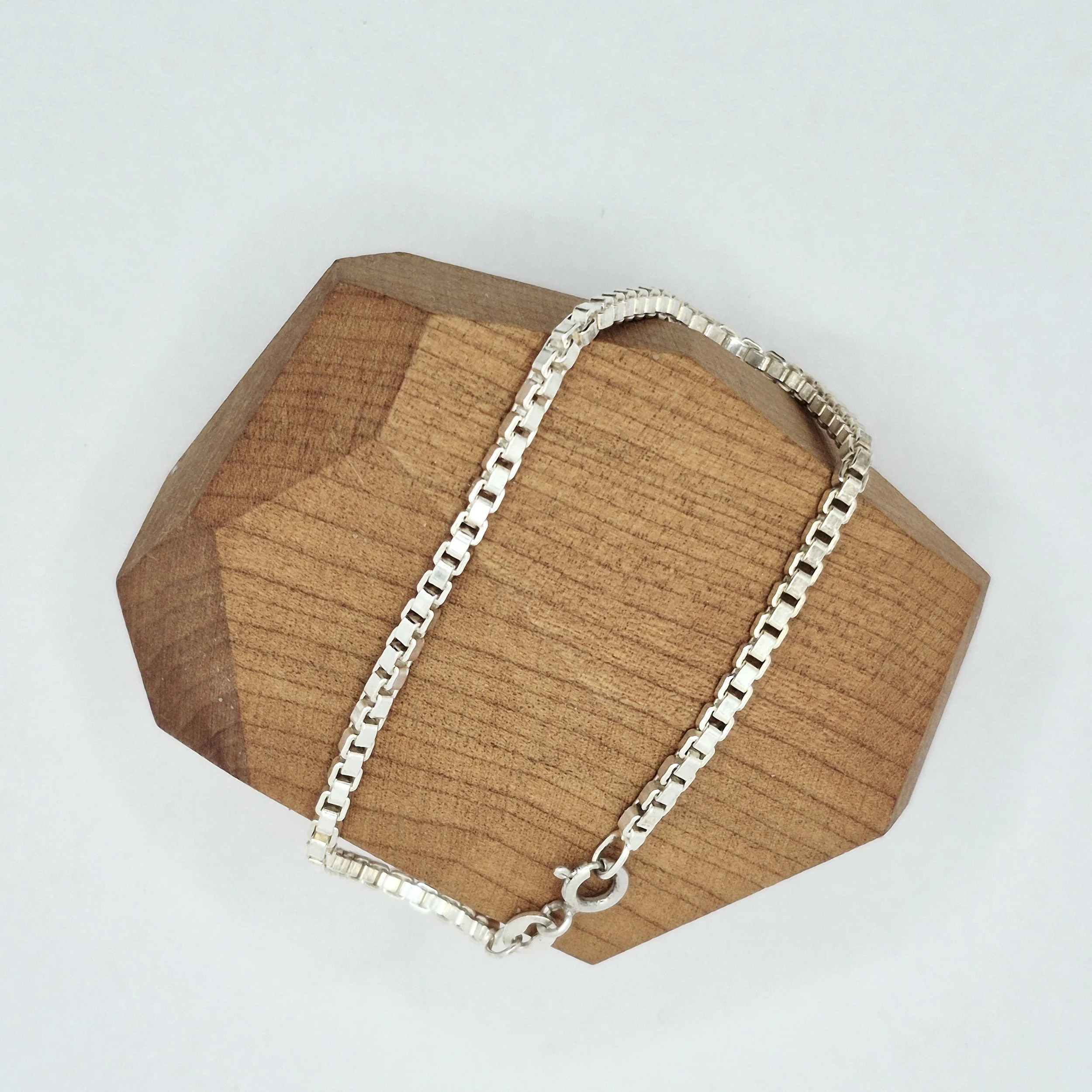 Sterling silver box chain bracelet with polished square links – Roma style, 7 inch
