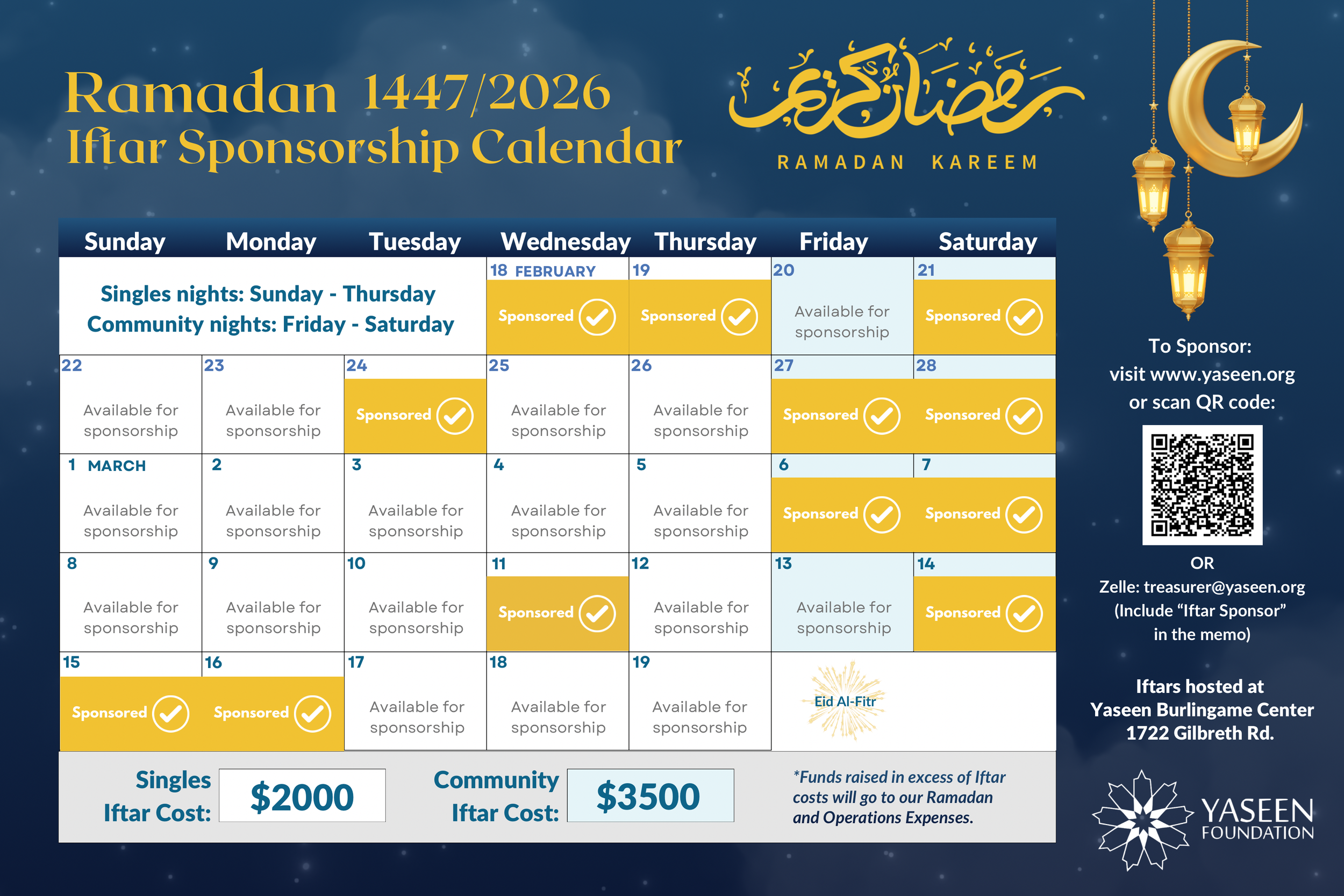 As we ready ourselves for the blessed month of Ramadan, we invite you to begin earning the reward of feeding those who will be fasting. By sponsoring an iftar—whether in full, in part, or with any amount—you help us prepare to serve our community thr